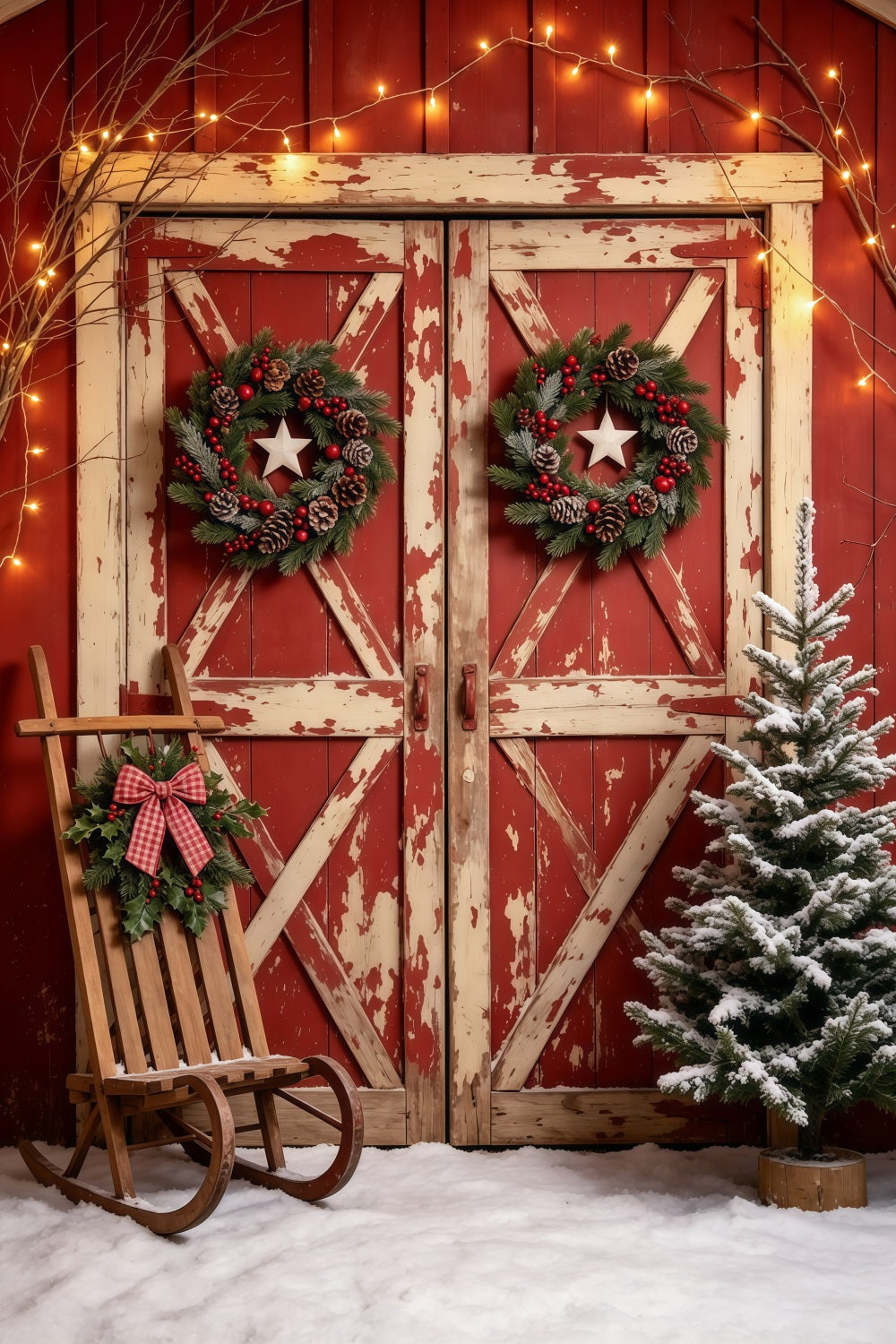 Décor De Porte De Noël Grange Rouge Rustique Enneigée Décors Photo De Noël GQ69-22