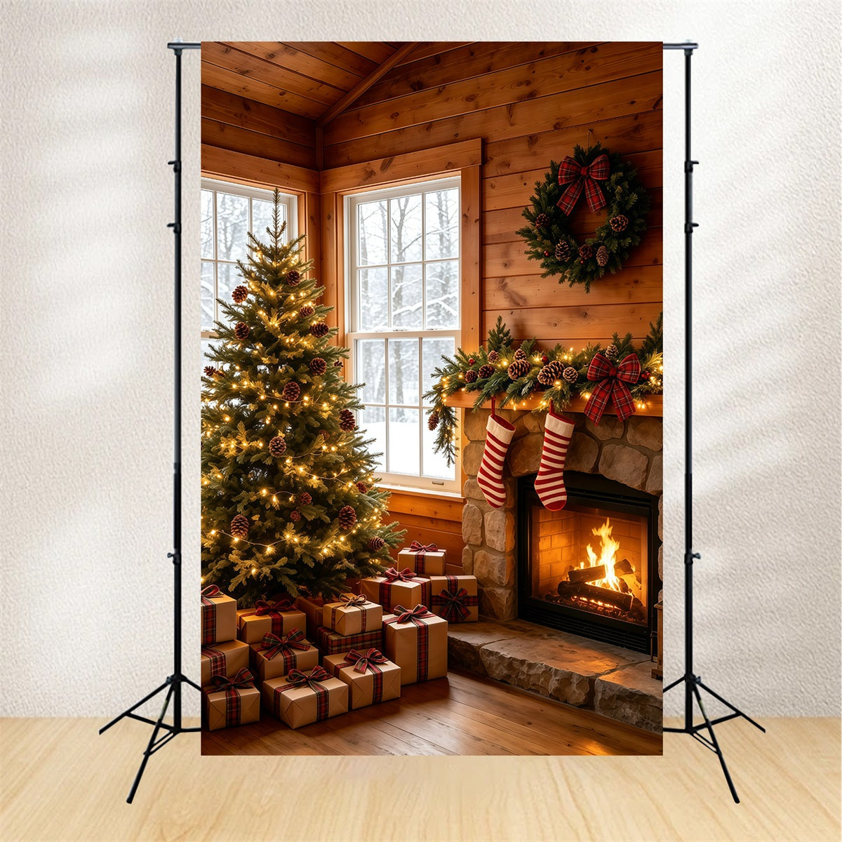Décor De Noël Rustique Cheminée Confortable Dans Un Chalet Décor De Noël GQ69-23