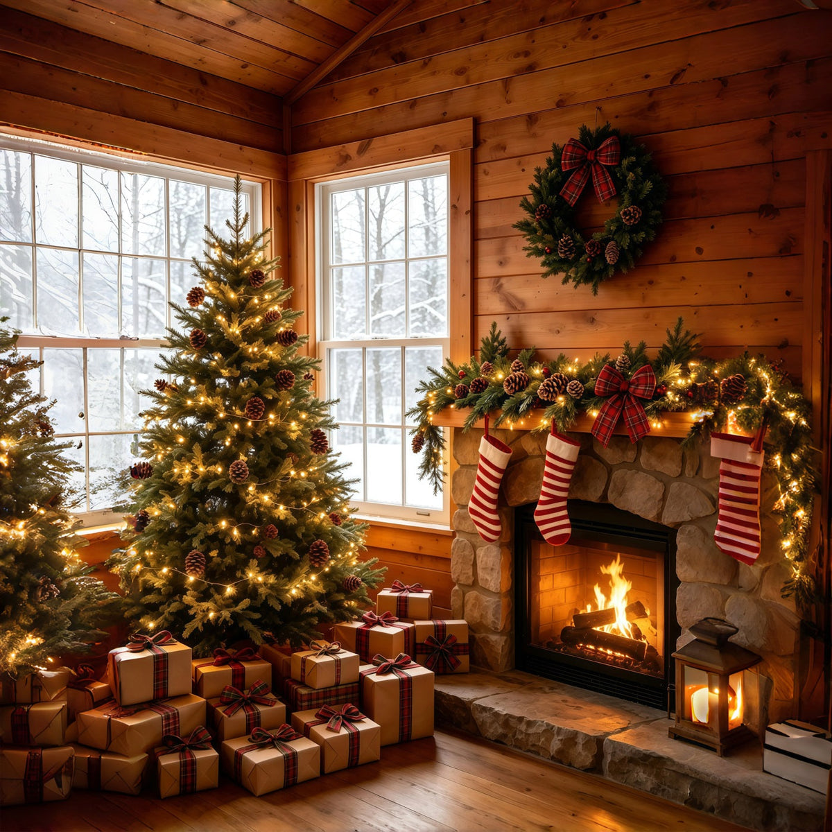 Décor De Noël Rustique Cheminée Confortable Dans Un Chalet Décor De Noël GQ69-23