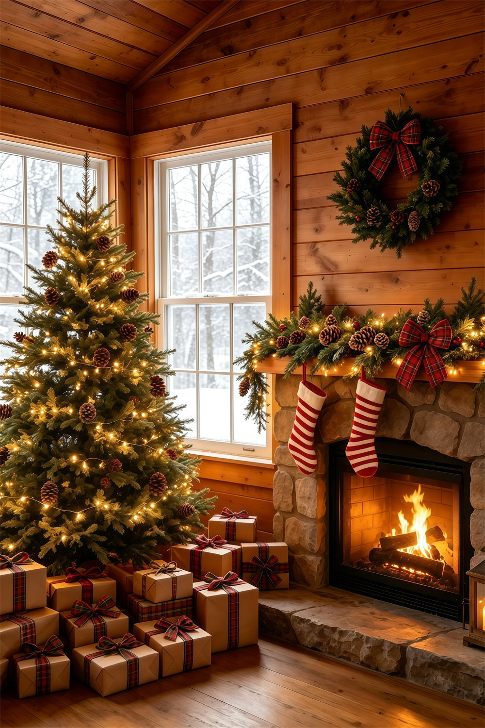 Décor De Noël Rustique Cheminée Confortable Dans Un Chalet Décor De Noël GQ69-23
