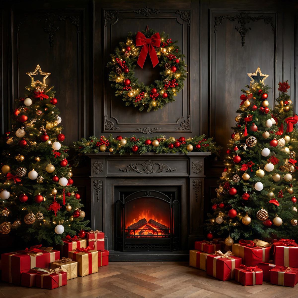 Fond Sombre De Noël Couronne De Cheminée Vintage Décors Photographiques De Noël GQ69-26