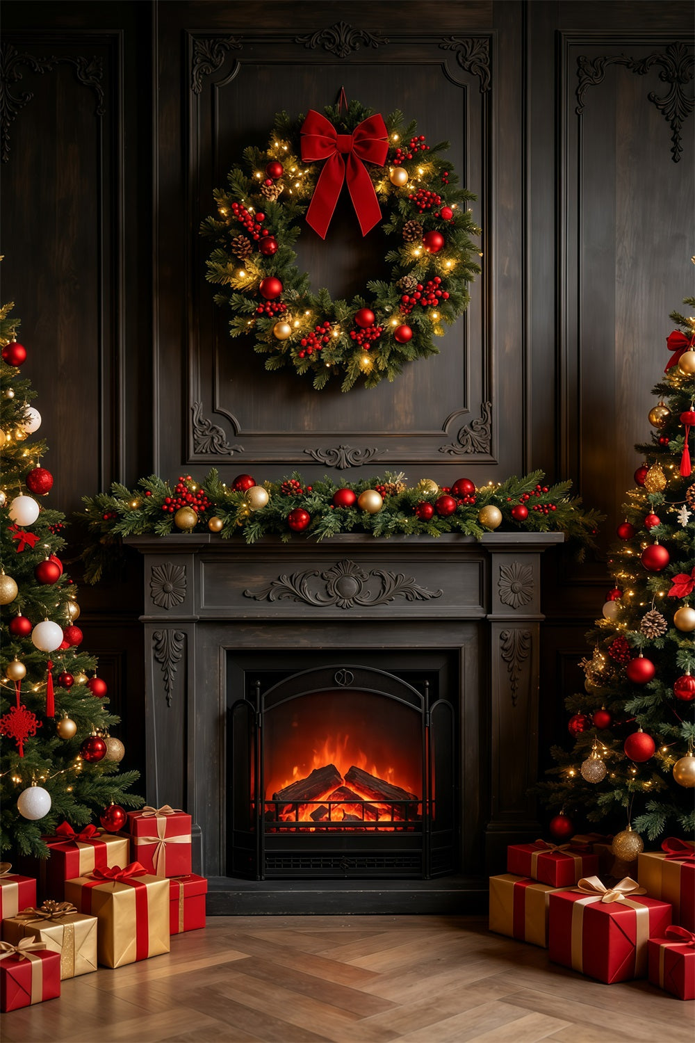 Fond Sombre De Noël Couronne De Cheminée Vintage Décors Photographiques De Noël GQ69-26