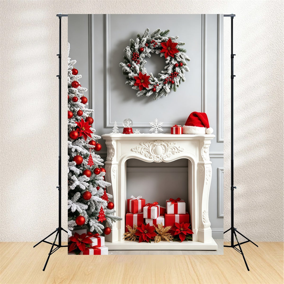 Décor De Cheminée Pour Noël Décoration De Cheminée En Poinsettia Blanc Fond Photo De Noël GQ69-27