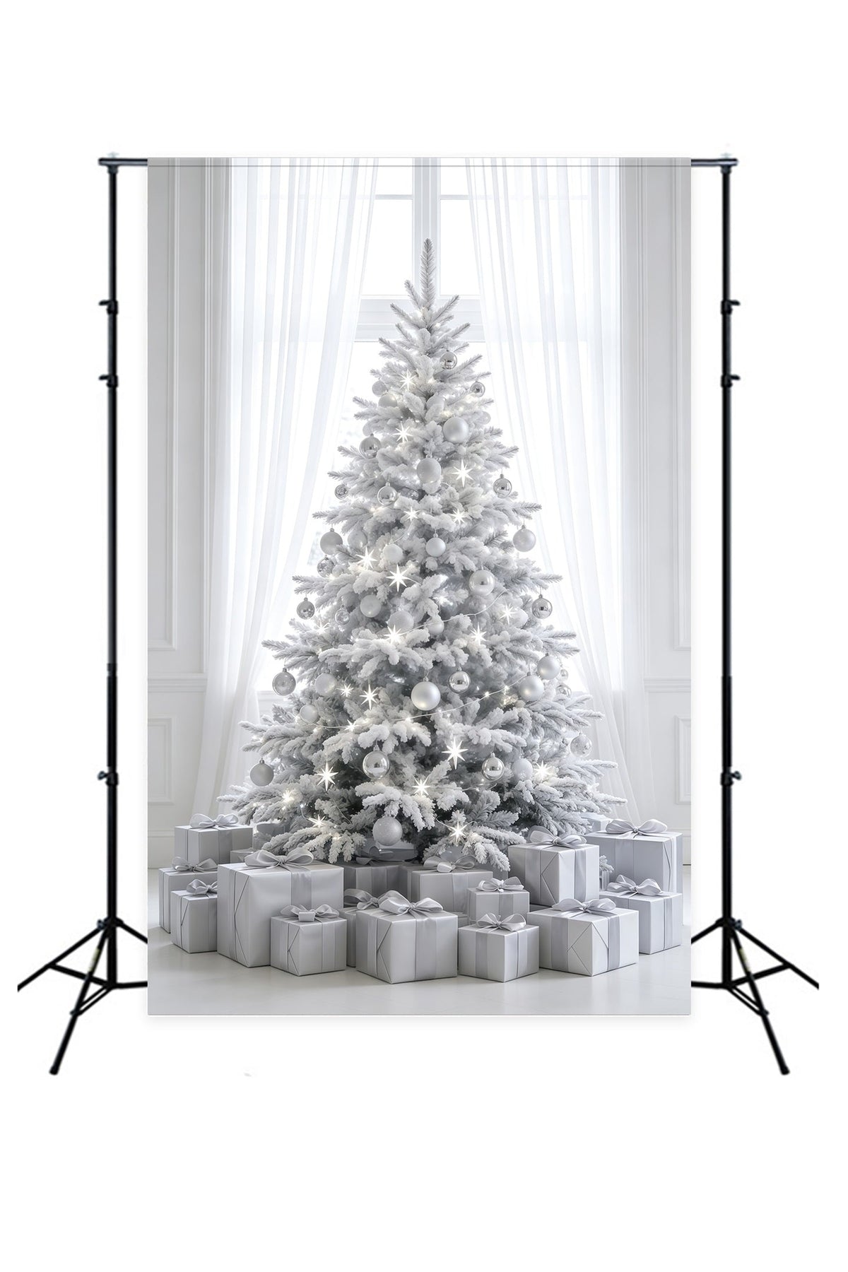 Fond De Noël Simple Décoration D'Arbre Givré Blanc Décors Photographiques De Noël GQ69-34