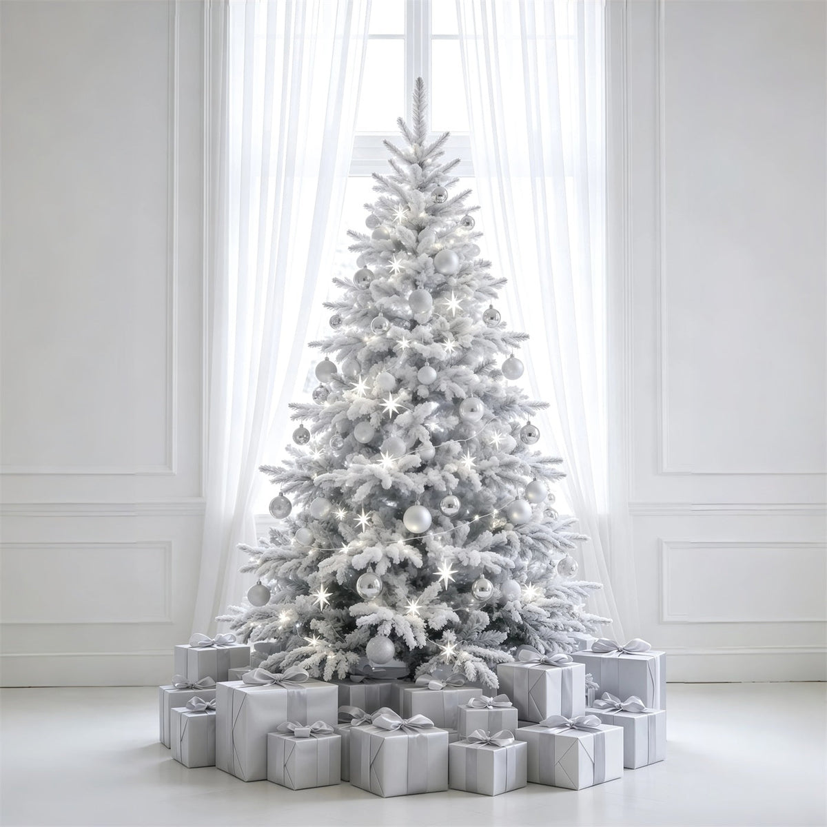 Fond De Noël Simple Décoration D'Arbre Givré Blanc Décors Photographiques De Noël GQ69-34