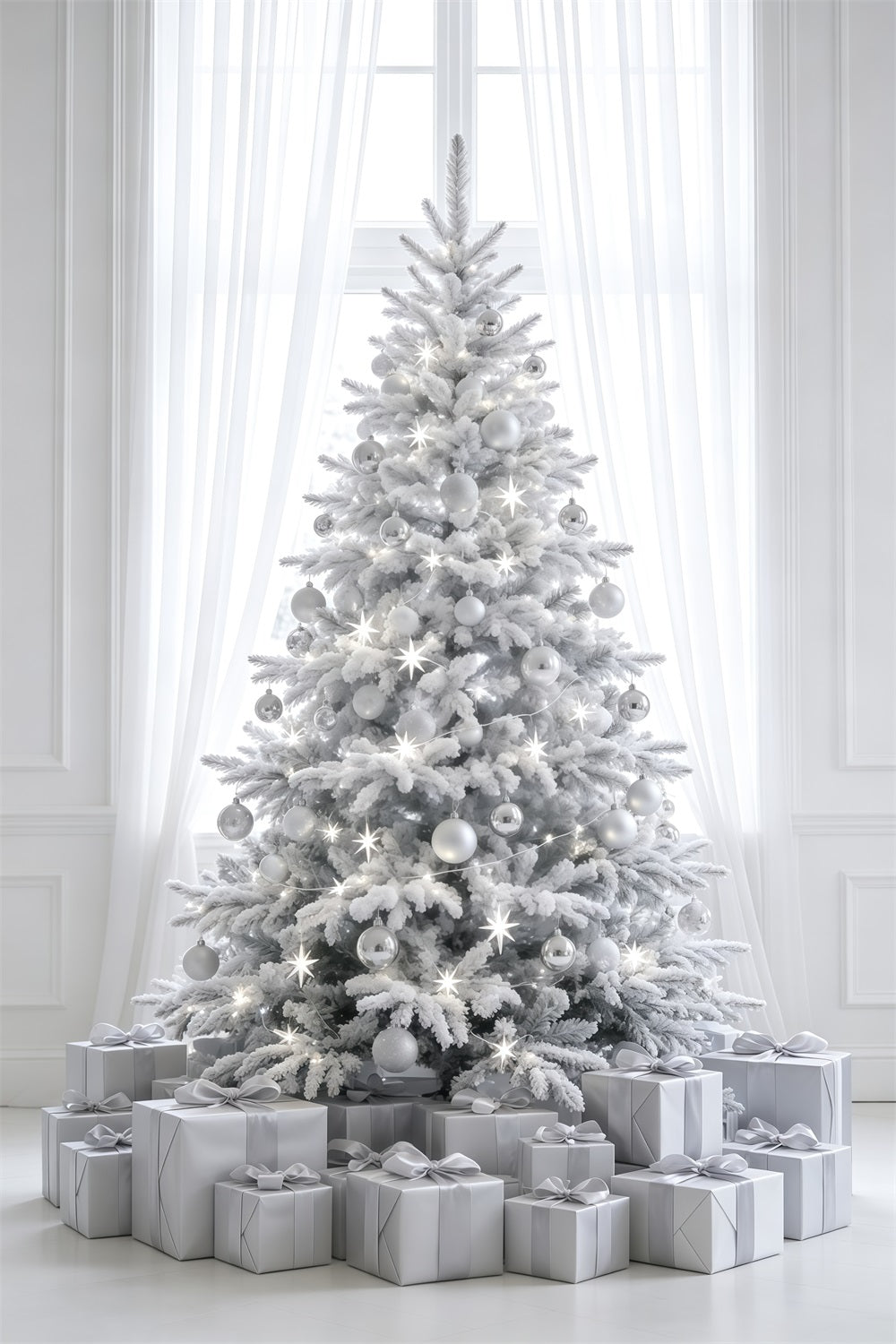 Fond De Noël Simple Décoration D'Arbre Givré Blanc Décors Photographiques De Noël GQ69-34