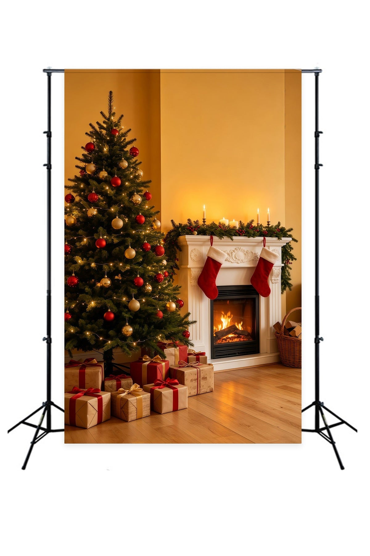 Décor De Noël Chaleureux Coin Cheminée Dorée Décors Photo De Noël GQ69-35
