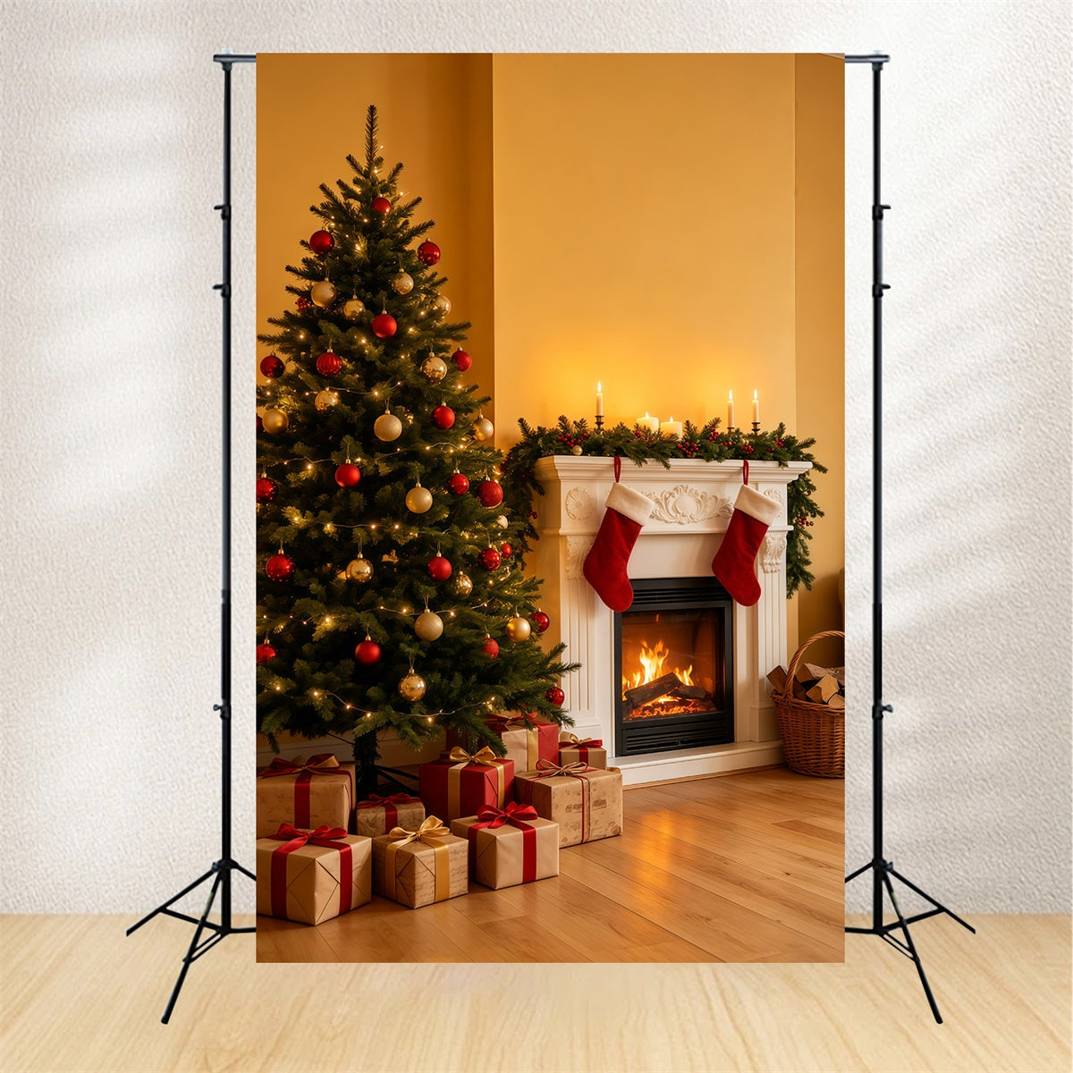 Décor De Noël Chaleureux Coin Cheminée Dorée Décors Photo De Noël GQ69-35