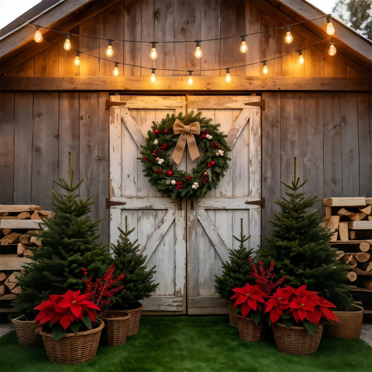 Décor De Ferme De Sapins De Noël Couronne Rustique De Porte De Grange Fond Photographique De Noël GQ69-38