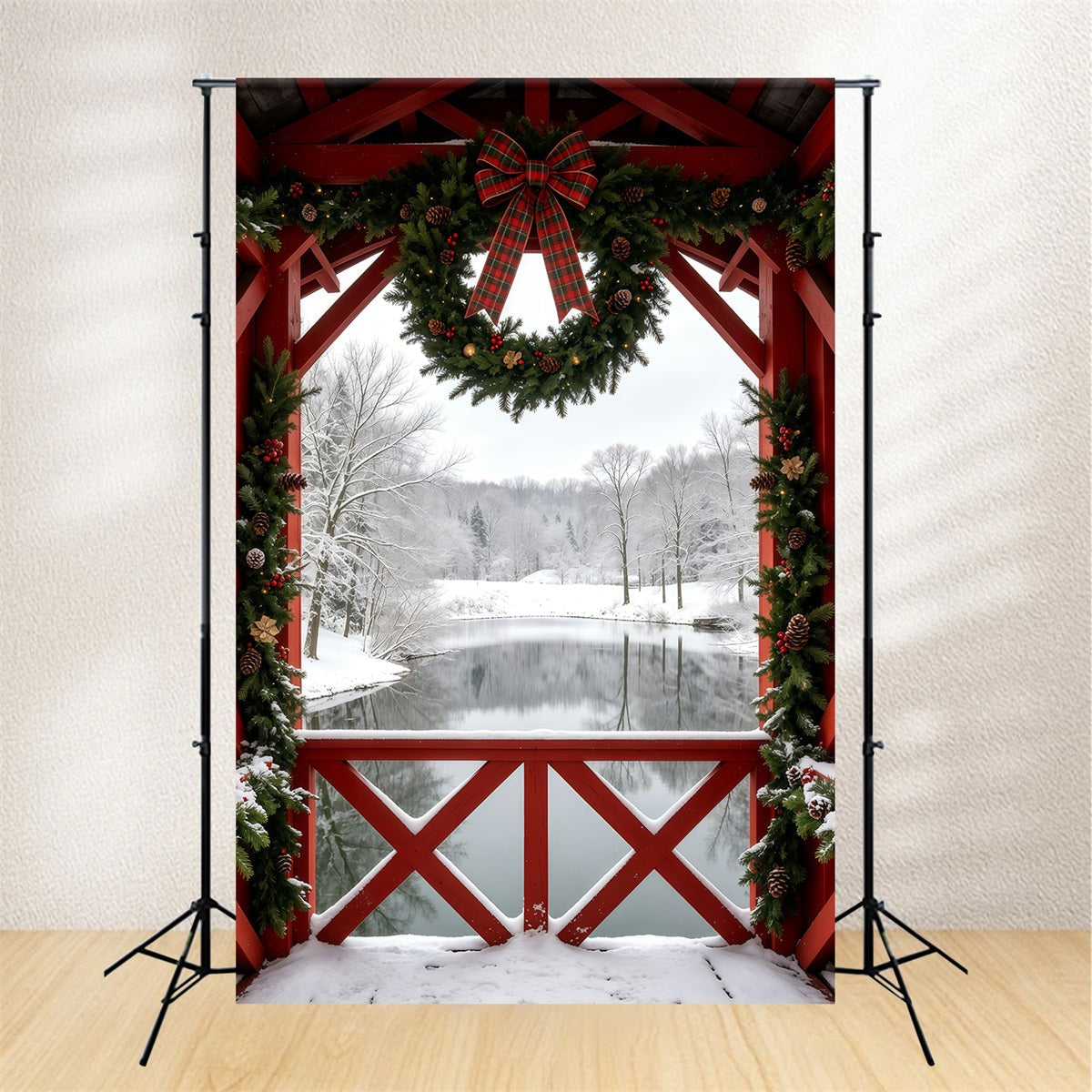Décor De Noël D'Hiver Vue De La Couronne De Grange Enneigée Décors De Studio Pour Noël GQ69-40