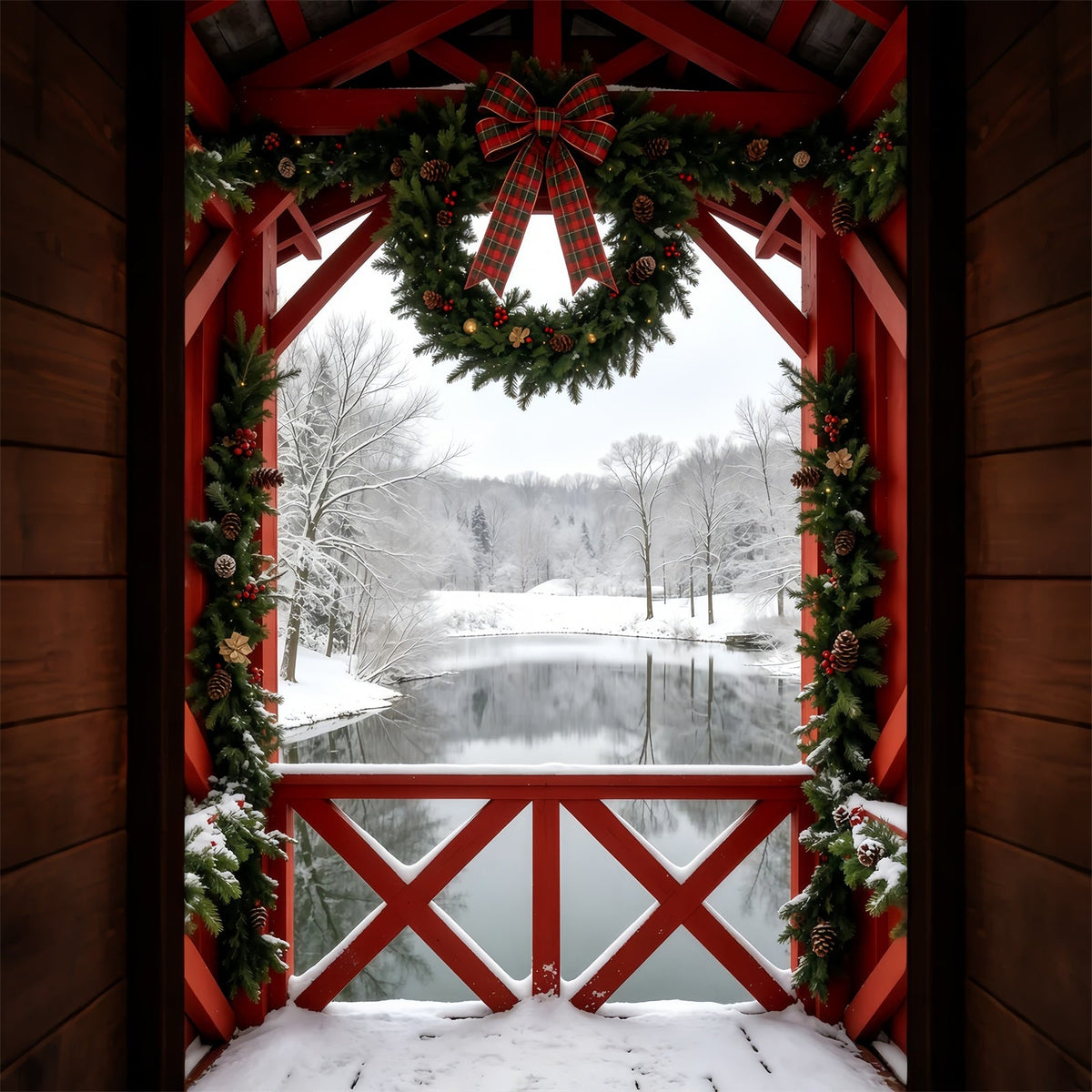 Décor De Noël D'Hiver Vue De La Couronne De Grange Enneigée Décors De Studio Pour Noël GQ69-40