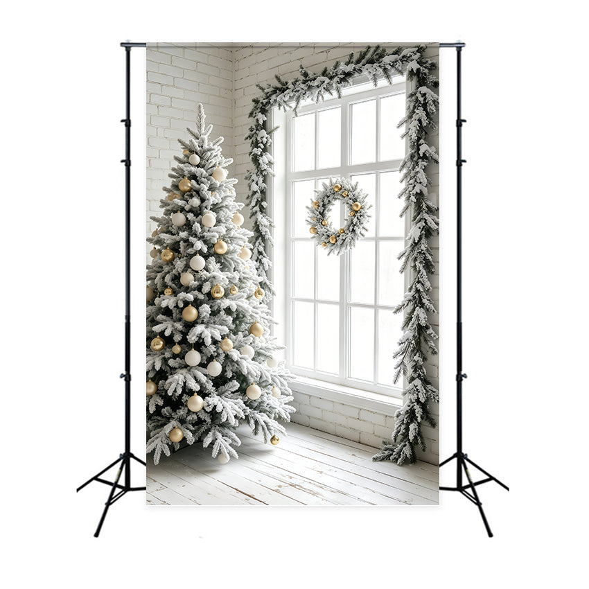 Fond De Noël Simple Fenêtre En Forme D'Arbre Blanc Givré Fond Photo De Noël GQ69-41