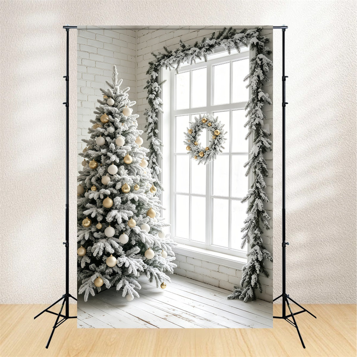 Fond De Noël Simple Fenêtre En Forme D'Arbre Blanc Givré Fond Photo De Noël GQ69-41