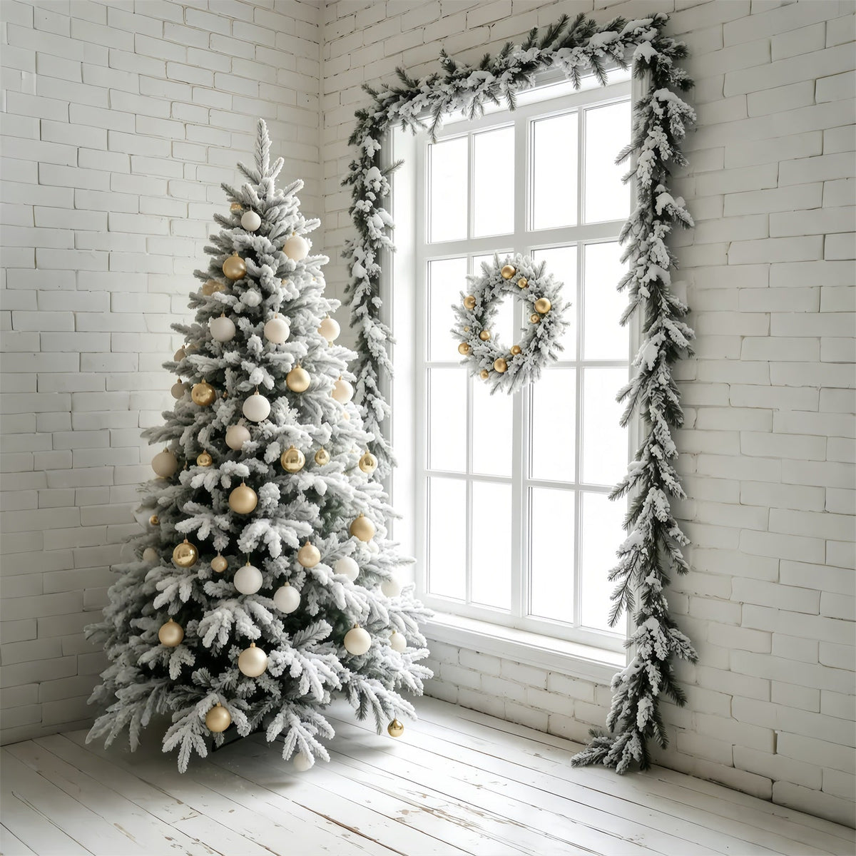 Fond De Noël Simple Fenêtre En Forme D'Arbre Blanc Givré Fond Photo De Noël GQ69-41