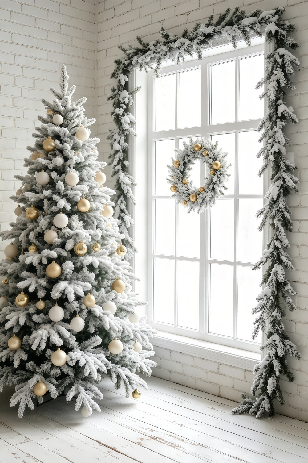 Fond De Noël Simple Fenêtre En Forme D'Arbre Blanc Givré Fond Photo De Noël GQ69-41
