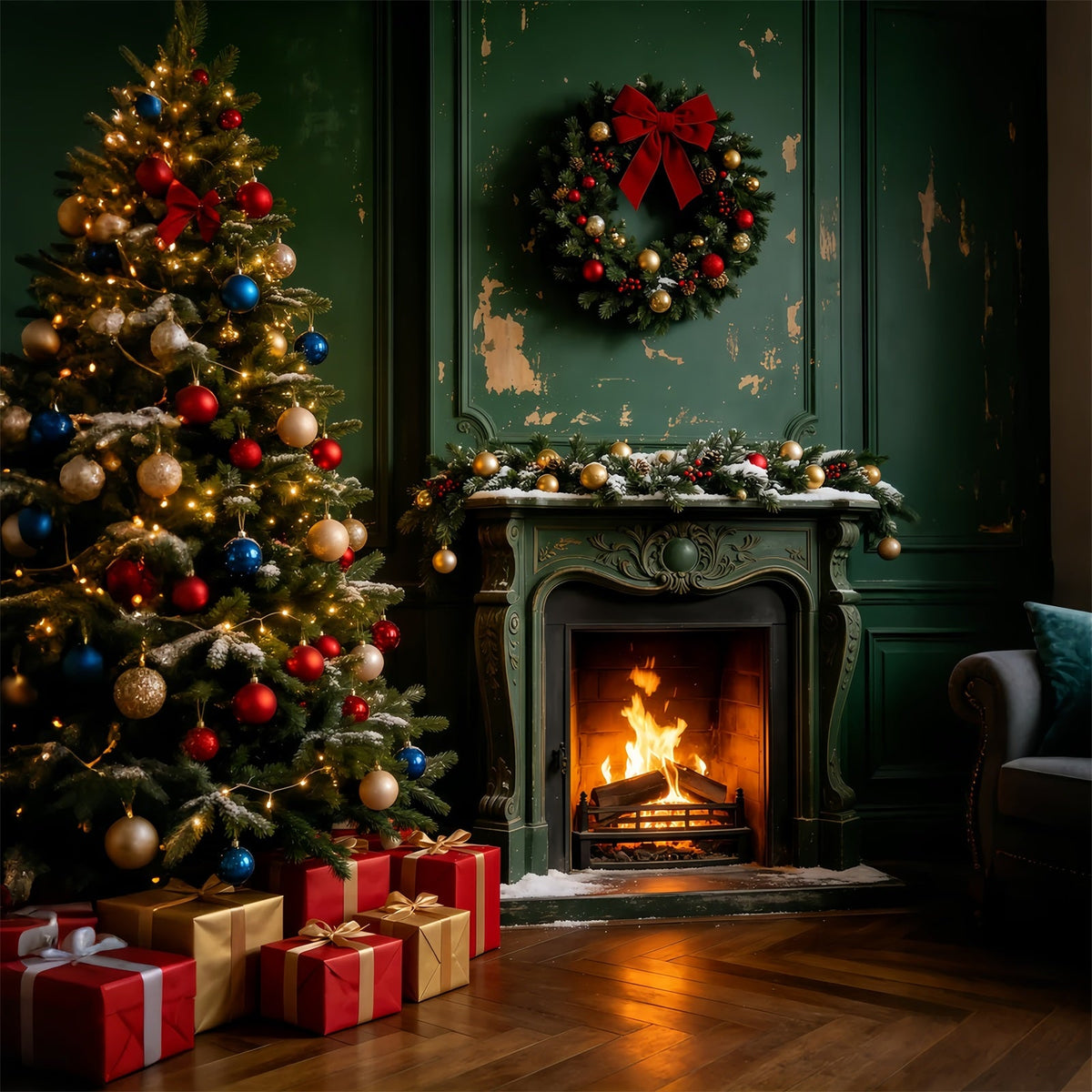 Décor De Noël Vintage Salle Avec Cheminée En Bois Vert Fond Mural De Noël GQ69-46