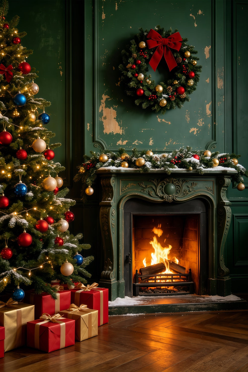 Décor De Noël Vintage Salle Avec Cheminée En Bois Vert Fond Mural De Noël GQ69-46