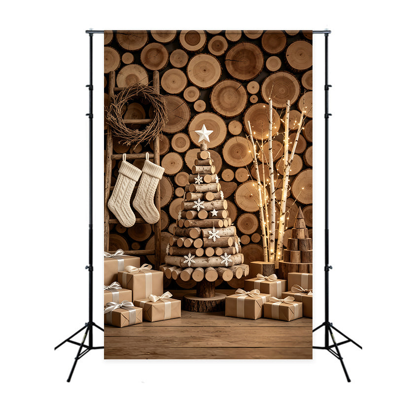 Décor De Noël Rustique Arbre Mural En Rondins De Bois Fond En Mousseline De Noël GQ69-47
