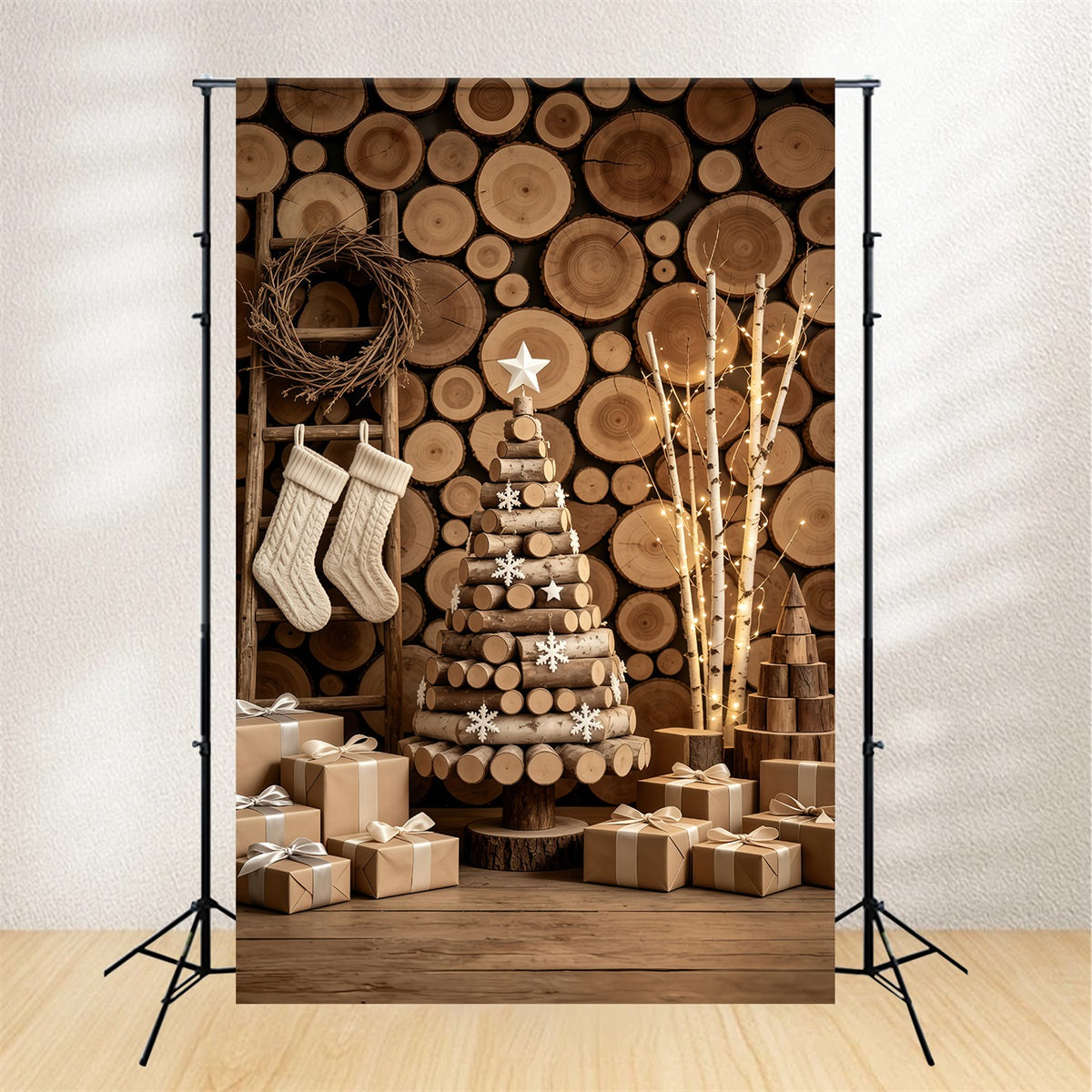 Décor De Noël Rustique Arbre Mural En Rondins De Bois Fond En Mousseline De Noël GQ69-47