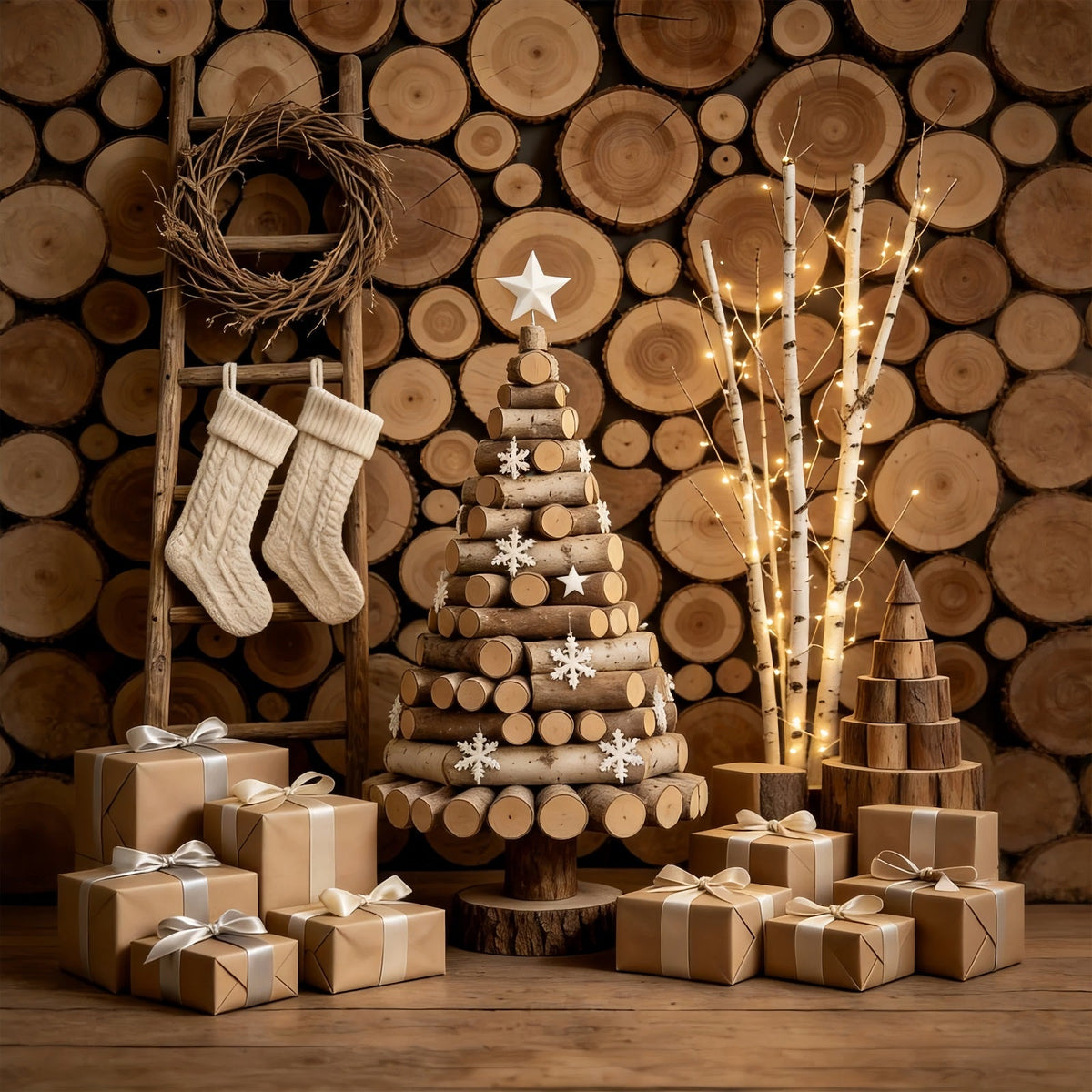Décor De Noël Rustique Arbre Mural En Rondins De Bois Fond En Mousseline De Noël GQ69-47
