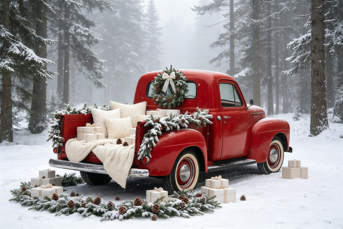 Fond De Camion De Noël Forêt De Voitures Rouges Vintage Décor De Noël Pour Studio GQ69-5