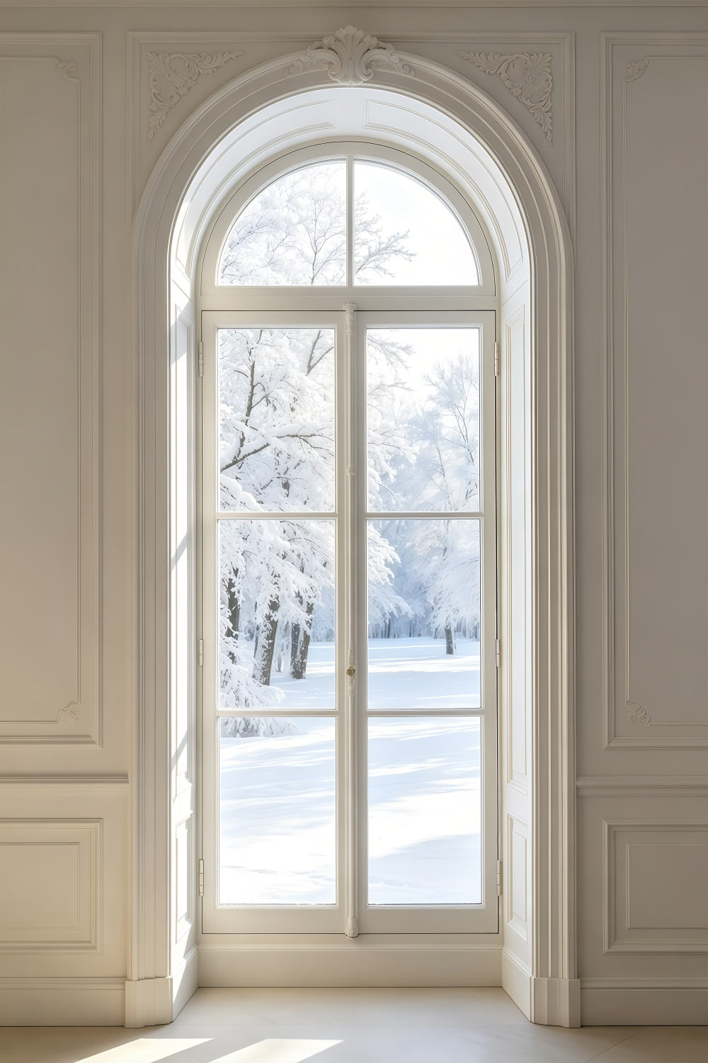 Fond Blanc De Noël Vue Élégante Depuis Une Fenêtre Cintrée Fond Mural De Noël GQ69-51