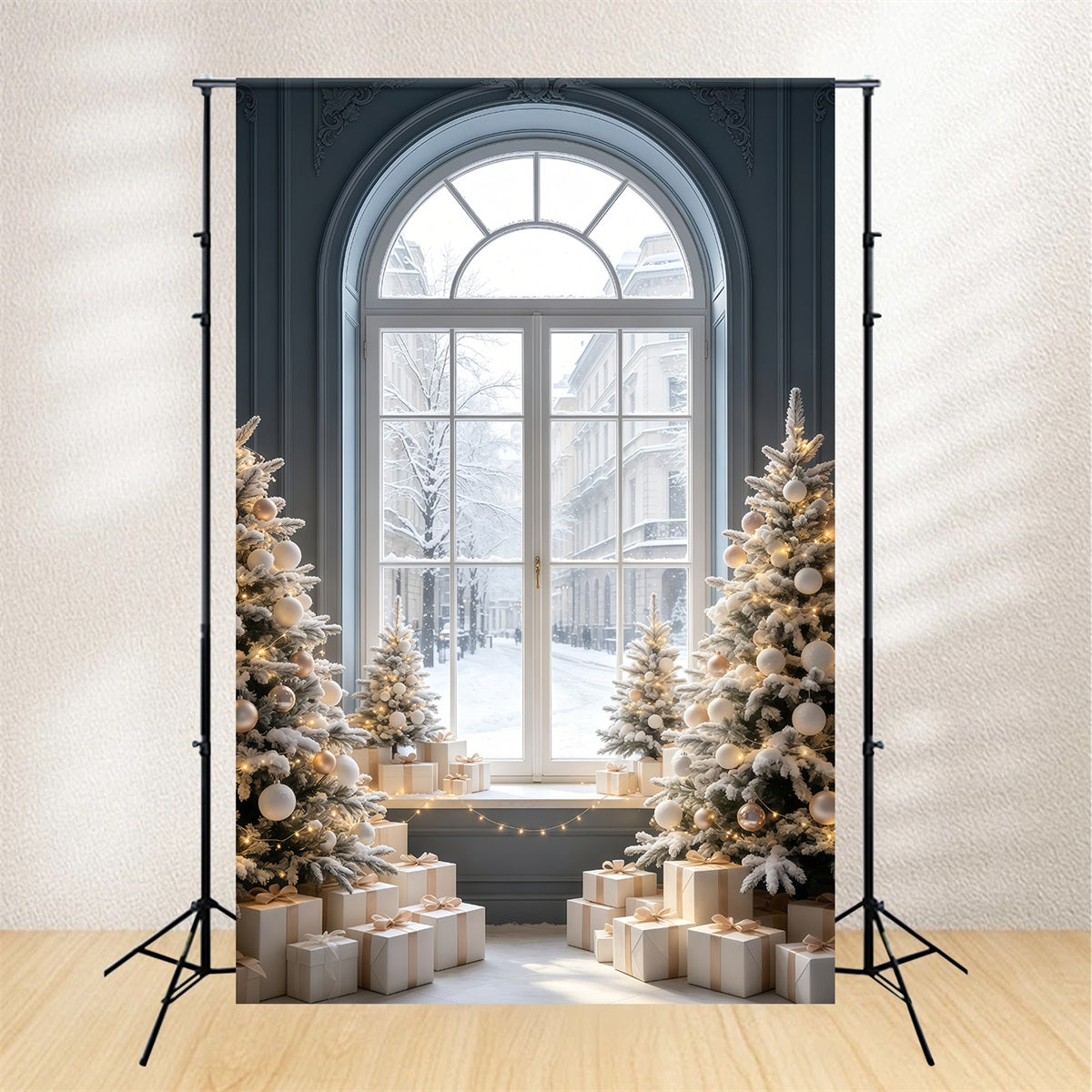 Décor De Vitrine De Noël Arbre De La Rue Enneigée Fond De Noël En Mousseline GQ69-52