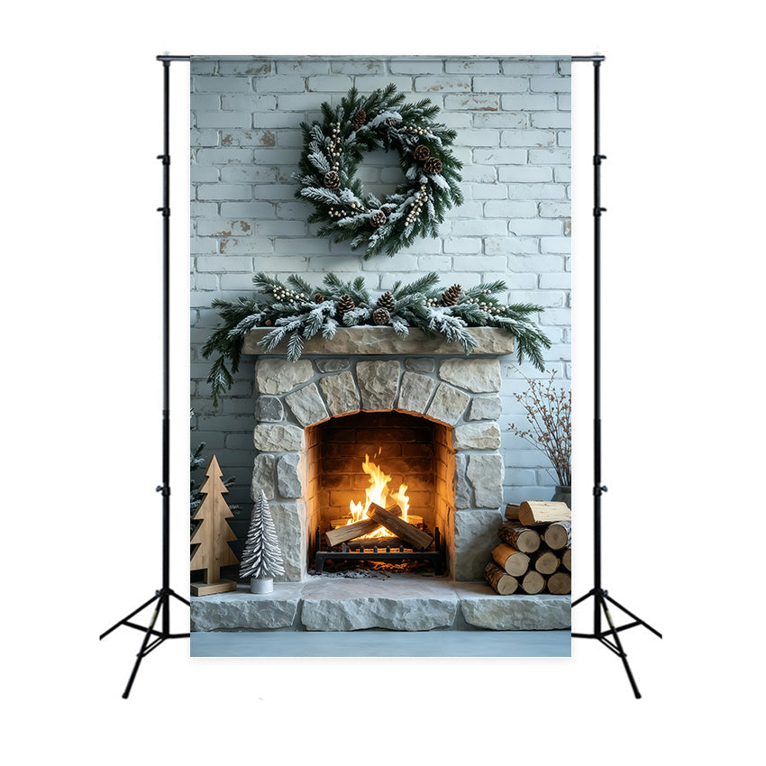 Fond De Cheminée De Noël Mur De Briques Orné D'Une Guirlande Givrée Fond En Mousseline De Noël GQ69-53