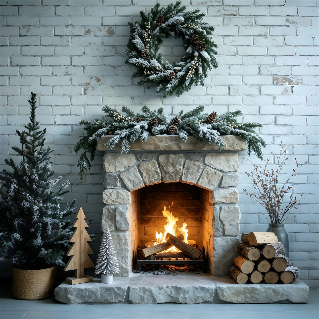 Fond De Cheminée De Noël Mur De Briques Orné D'Une Guirlande Givrée Fond En Mousseline De Noël GQ69-53