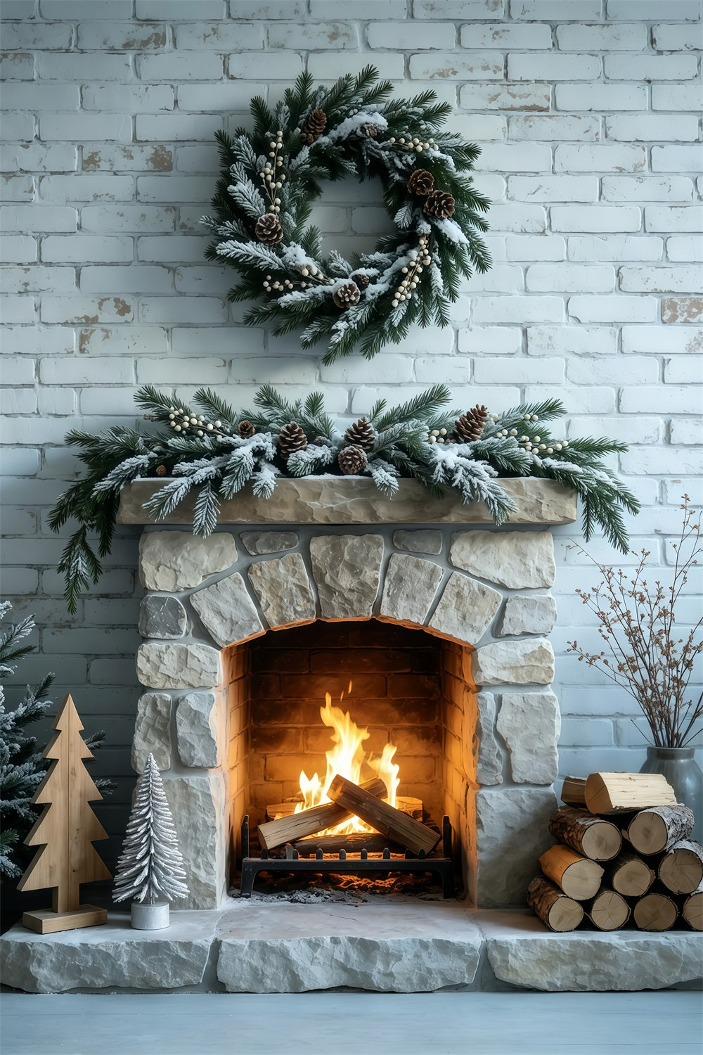 Fond De Cheminée De Noël Mur De Briques Orné D'Une Guirlande Givrée Fond En Mousseline De Noël GQ69-53