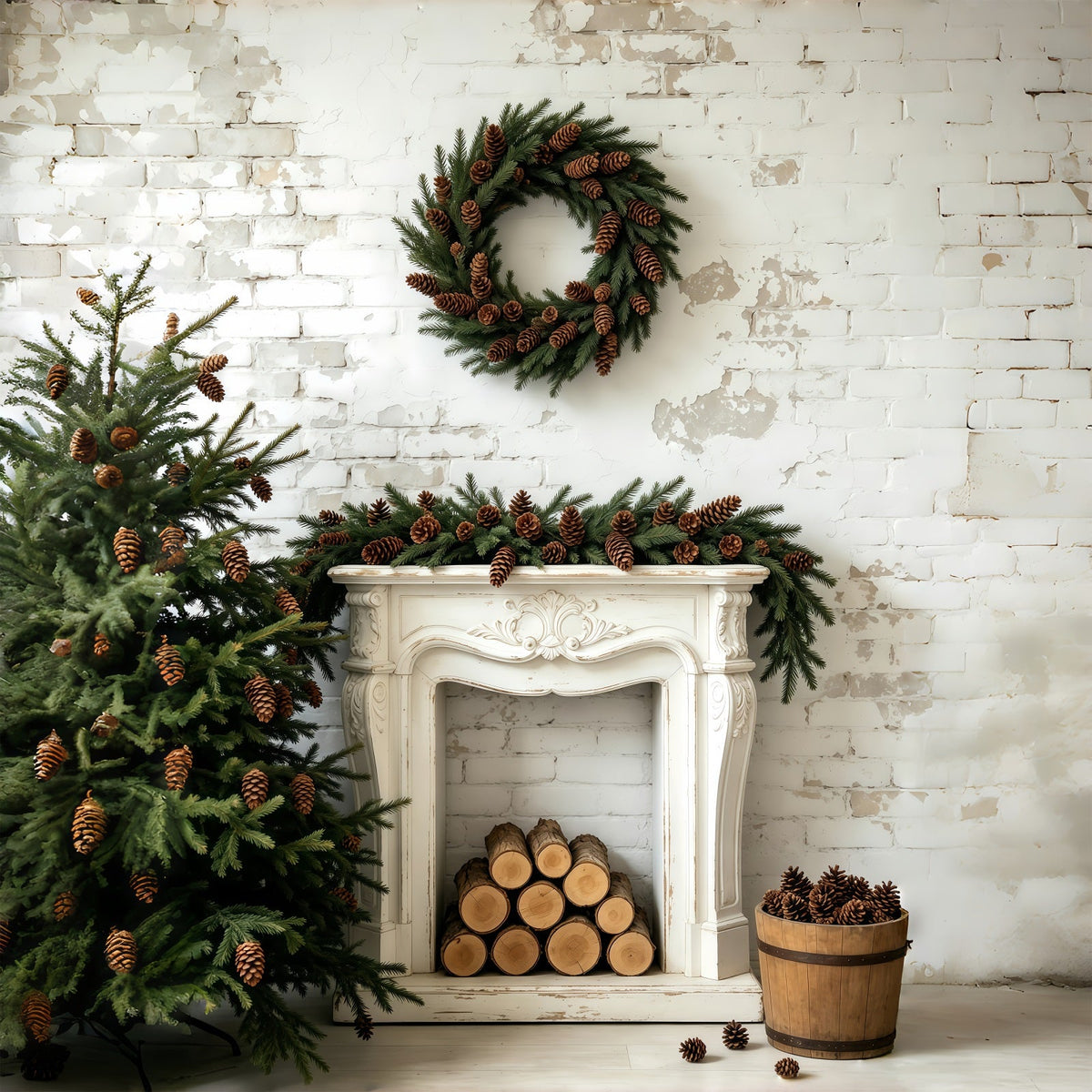 Décor Mural De Noël Couronne De Pommes De Pin Décorative Pour Cheminée Décors Photographiques De Noël GQ69-54