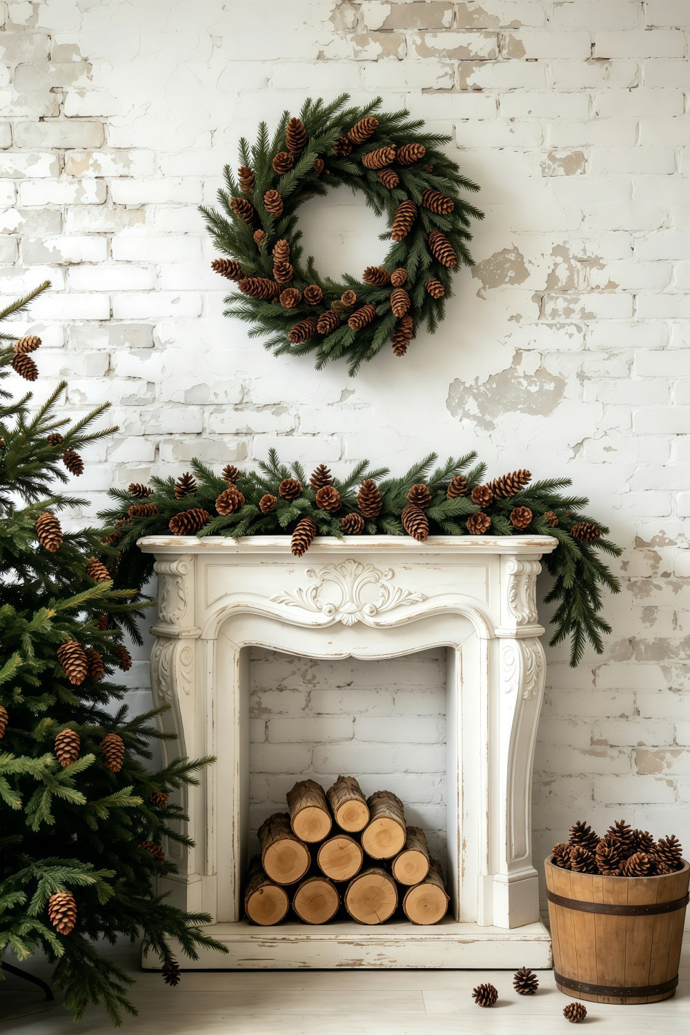 Décor Mural De Noël Couronne De Pommes De Pin Décorative Pour Cheminée Décors Photographiques De Noël GQ69-54