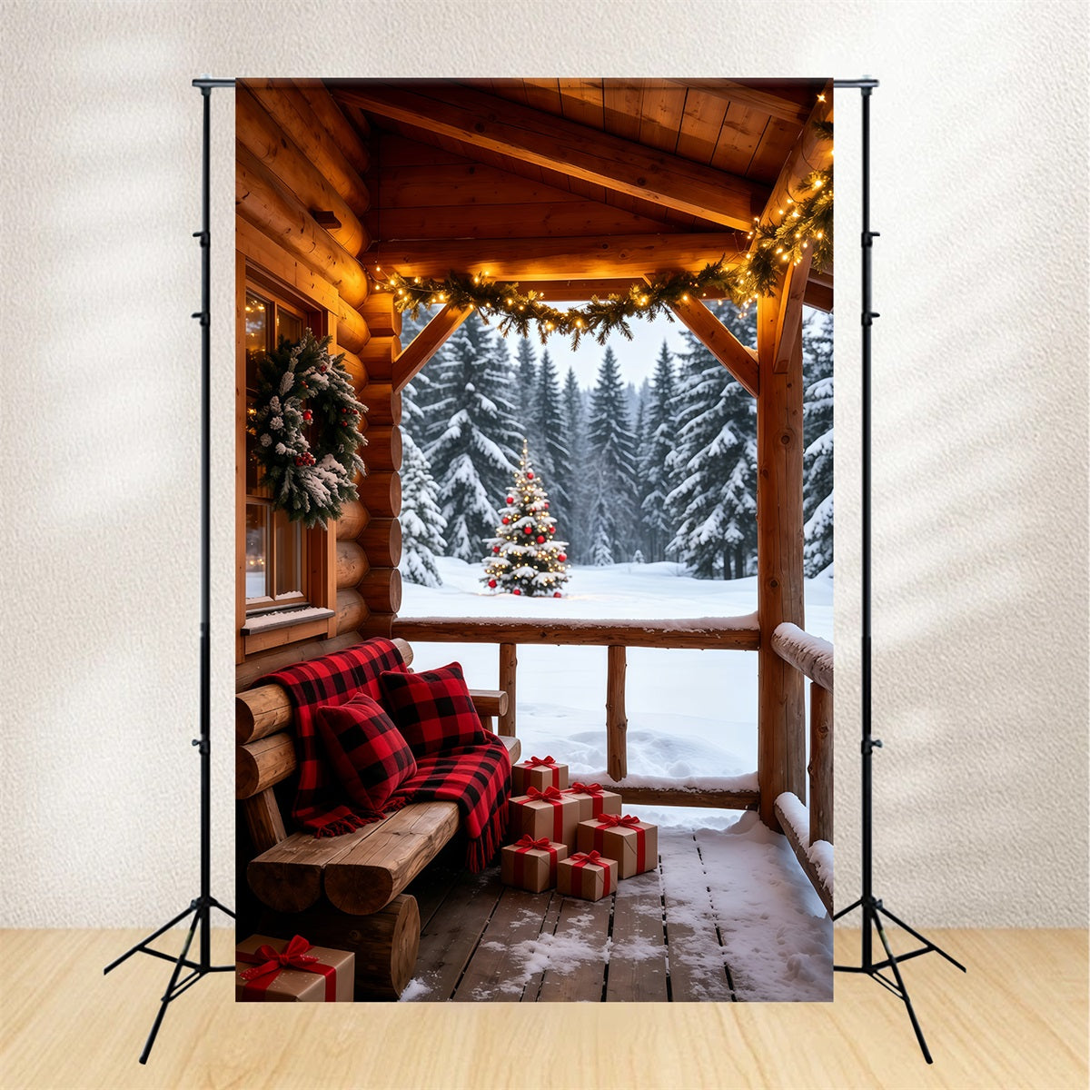 Décor De Noël Champêtre Véranda Confortable Avec Vue Sur La Forêt Décor Photo De Noël GQ69-58
