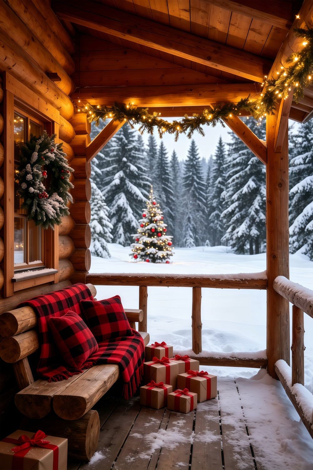 Décor De Noël Champêtre Véranda Confortable Avec Vue Sur La Forêt Décor Photo De Noël GQ69-58