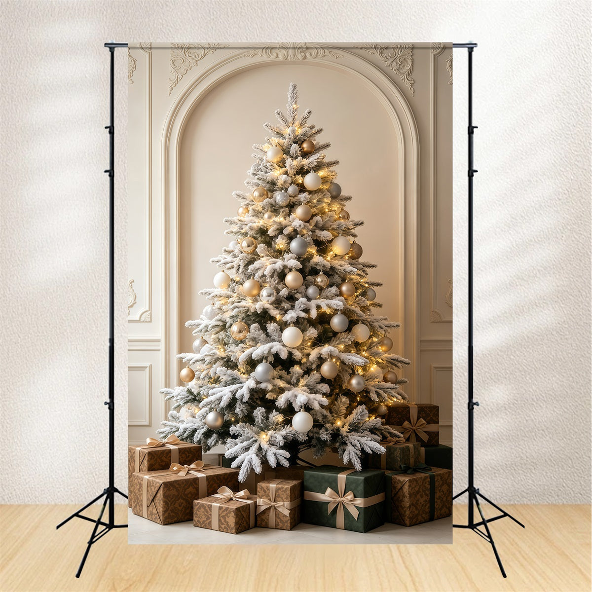 Fond De Décor De Noël Salle De La Cheminée De L'Arbre Blanc Enneigé Décor De Noël GQ69-60