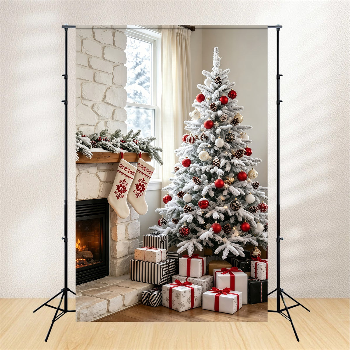 Décor De Noël Pour Salon Cheminée En Pierre Enneigée Décors Photographiques De Noël GQ69-67