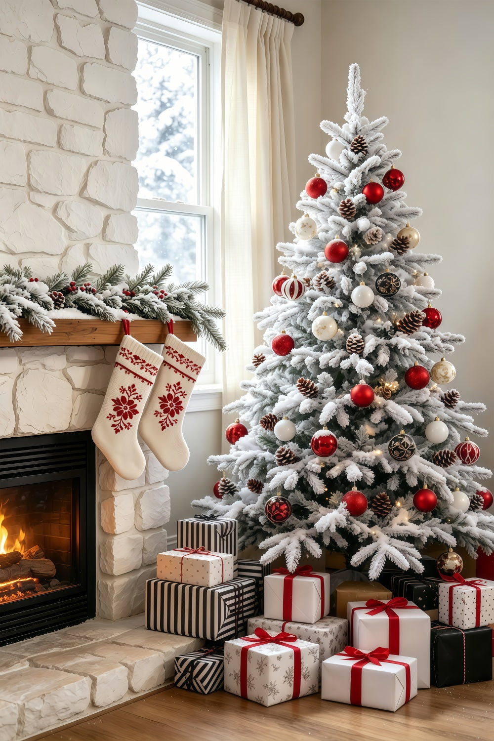 Décor De Noël Pour Salon Cheminée En Pierre Enneigée Décors Photographiques De Noël GQ69-67