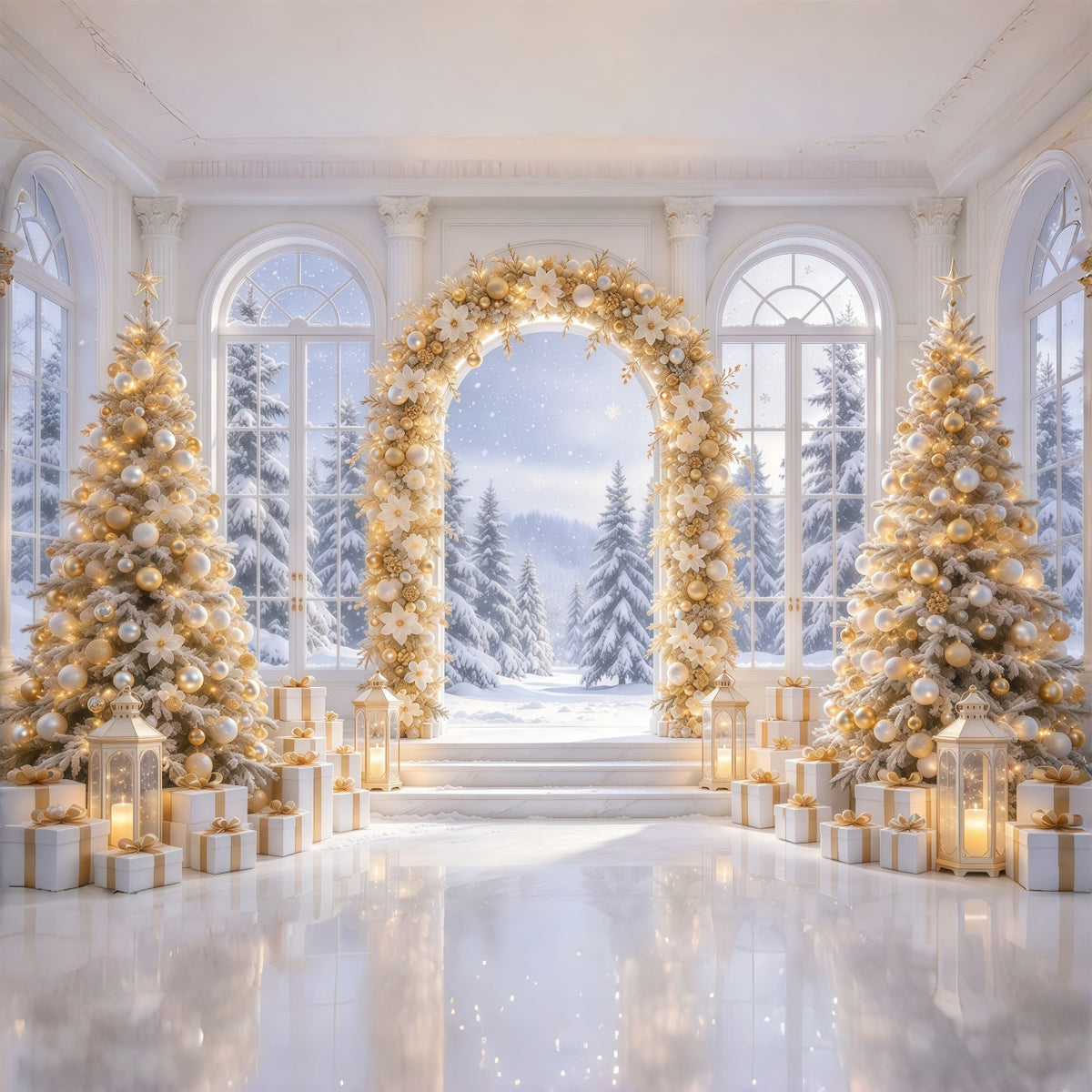 Fond De Noël Blanc Et Or Arche Florale Dorée GQ69-79