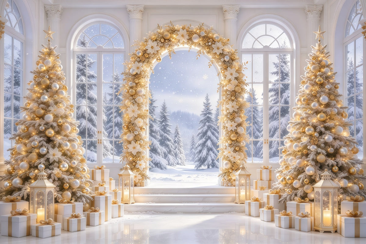 Fond De Noël Blanc Et Or Arche Florale Dorée GQ69-79