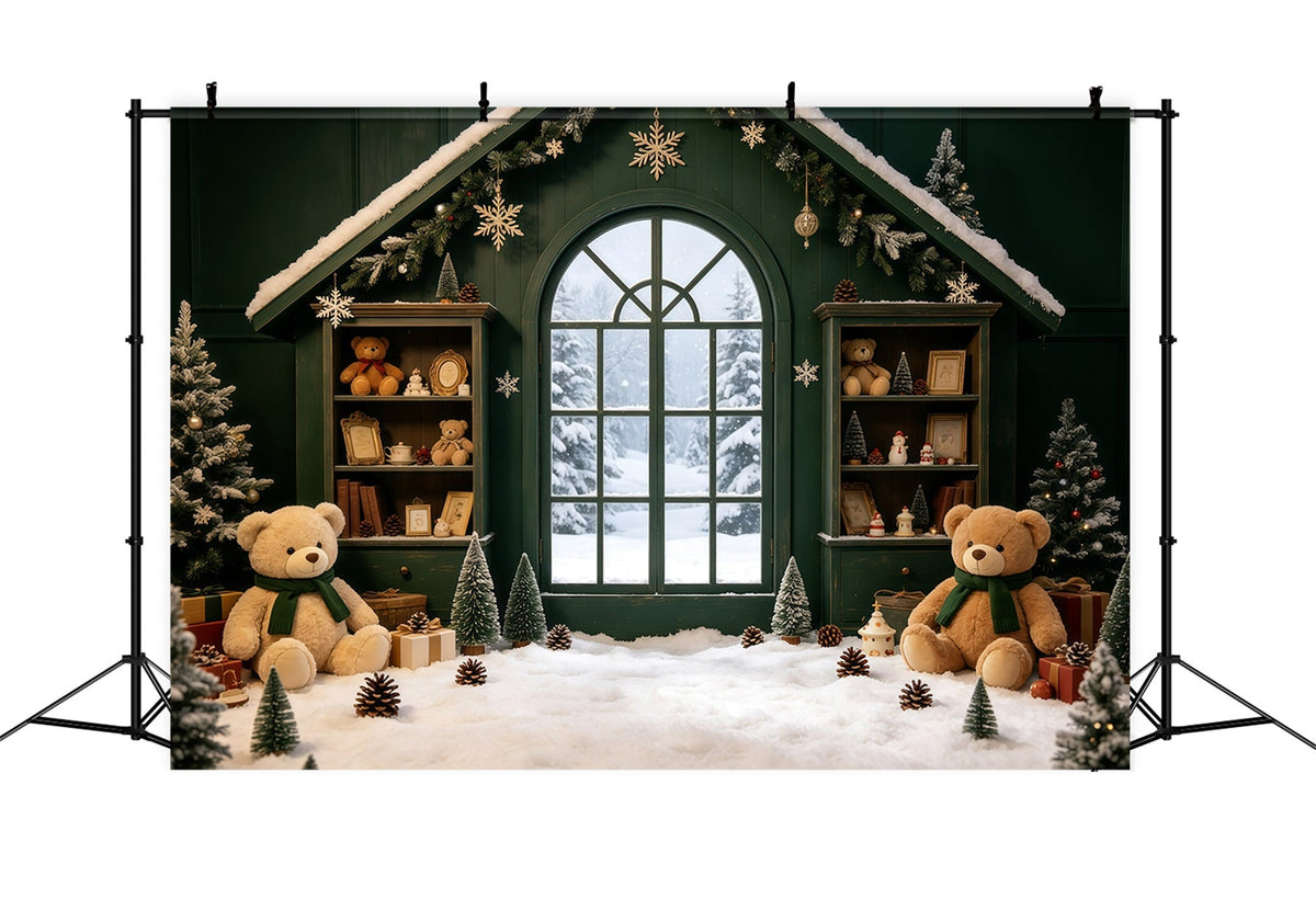 Décor De Noël Chaleureux Fenêtre Teddy De La Cabine Verte Fond En Mousseline De Noël GQ69-8