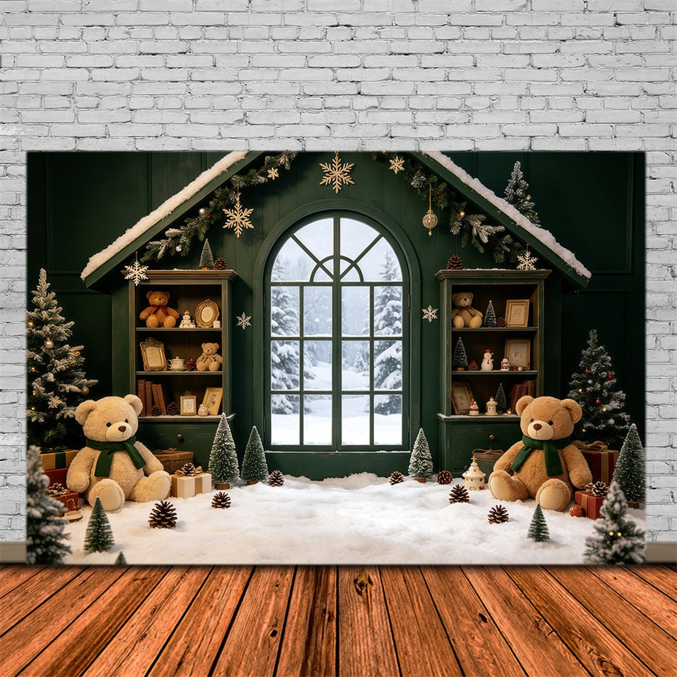 Décor De Noël Chaleureux Fenêtre Teddy De La Cabine Verte Fond En Mousseline De Noël GQ69-8