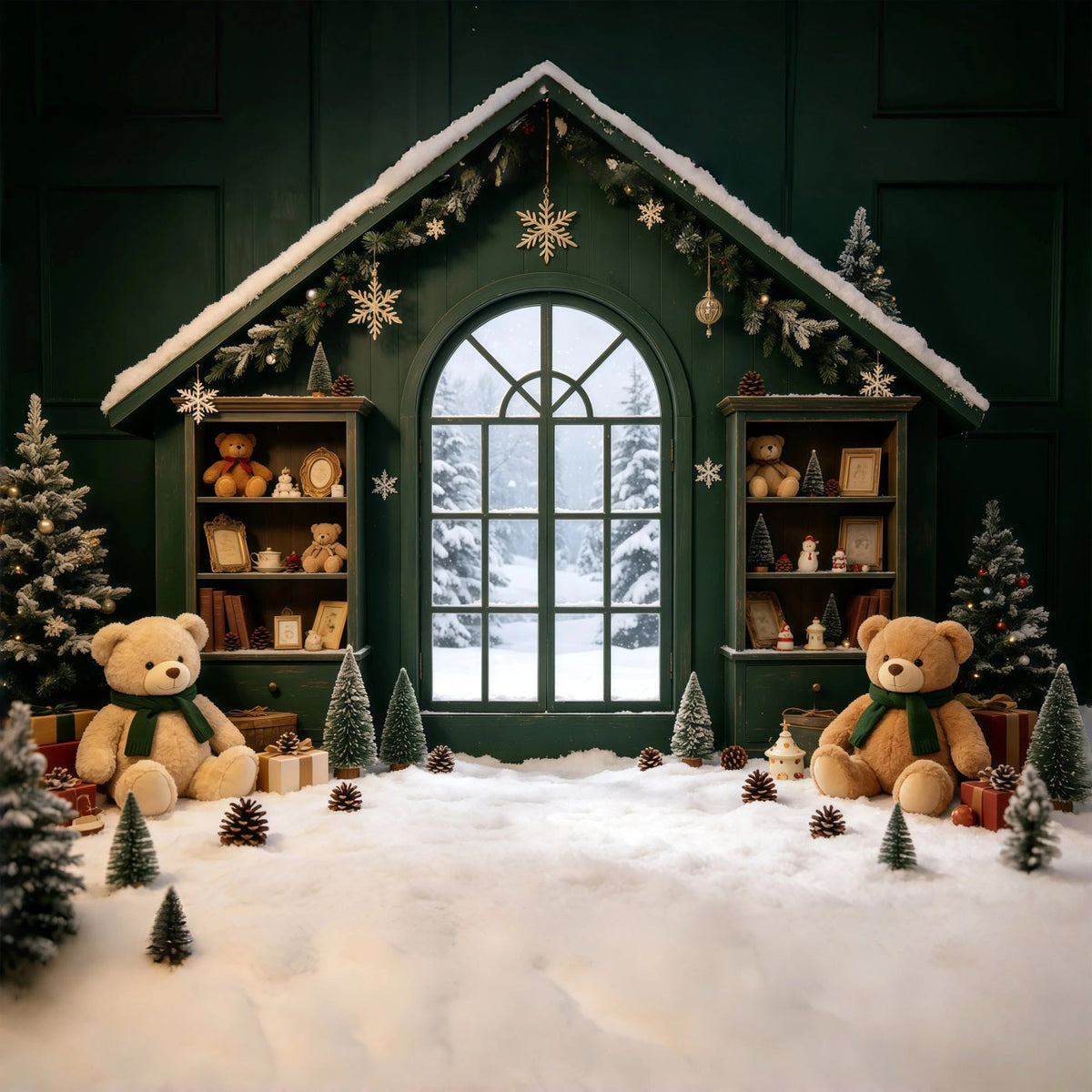 Décor De Noël Chaleureux Fenêtre Teddy De La Cabine Verte Fond En Mousseline De Noël GQ69-8