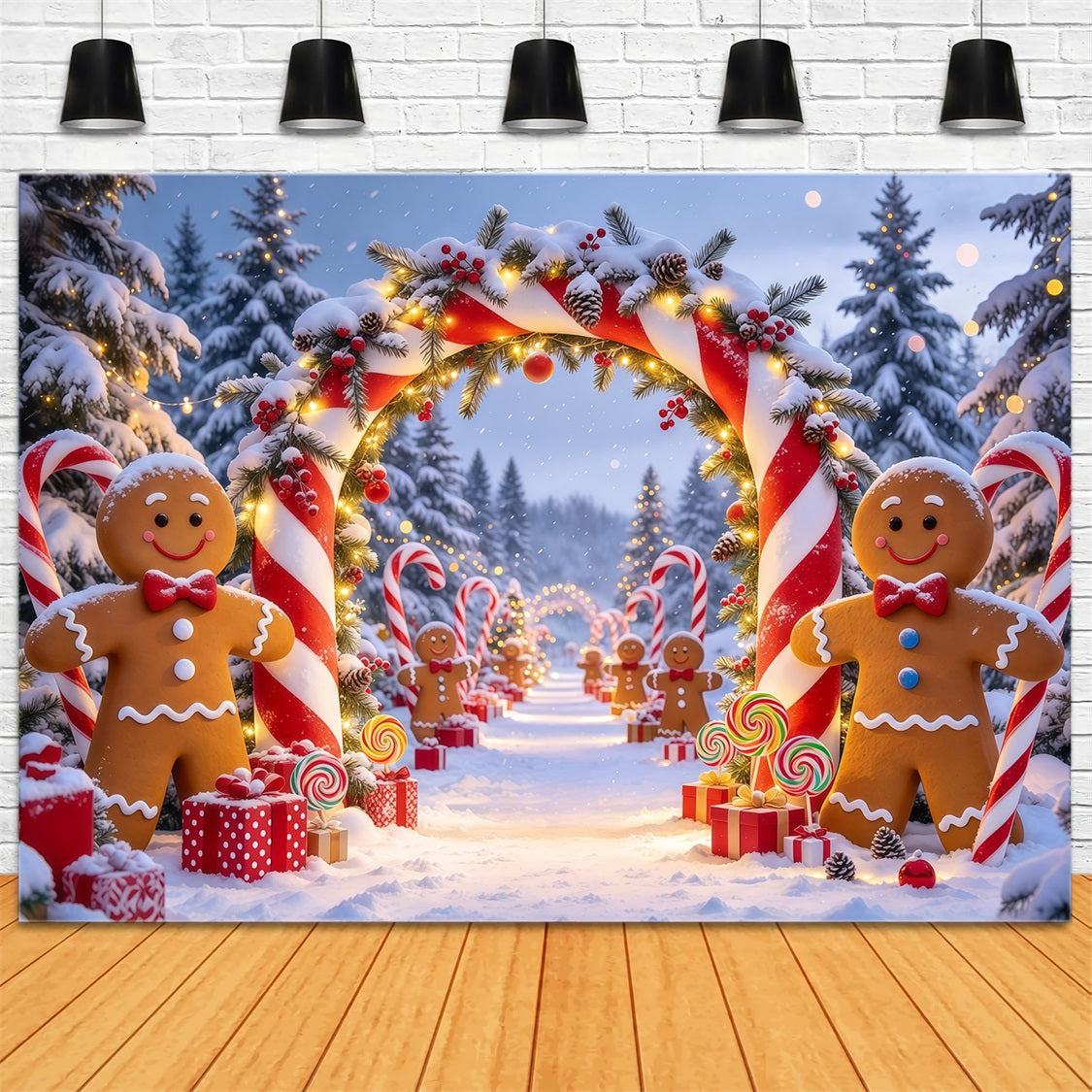 Fond Photo De Noël Cottage Enneigé Forêt Bonbons Sucre GQ69-80