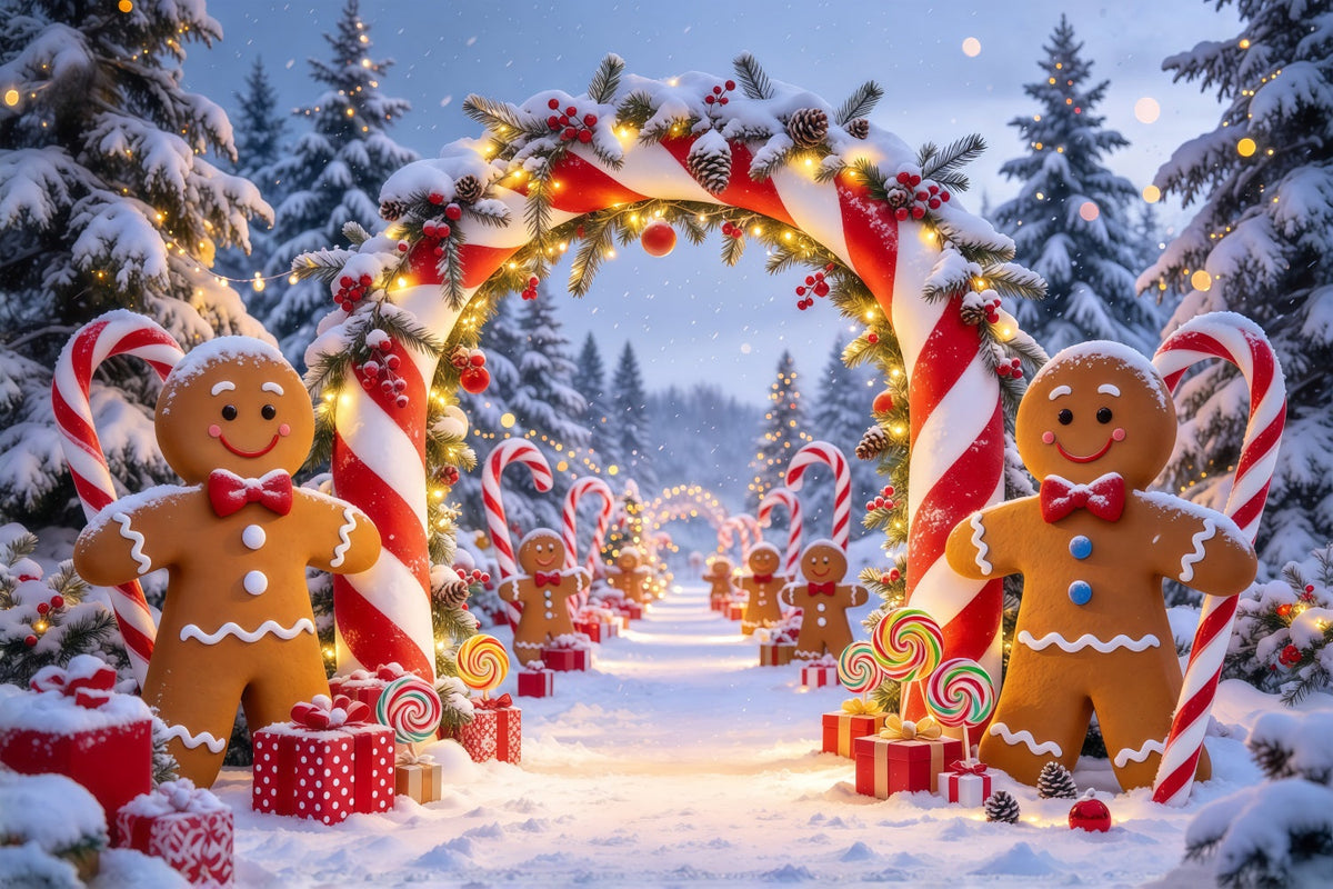 Fond Photo De Noël Cottage Enneigé Forêt Bonbons Sucre GQ69-80
