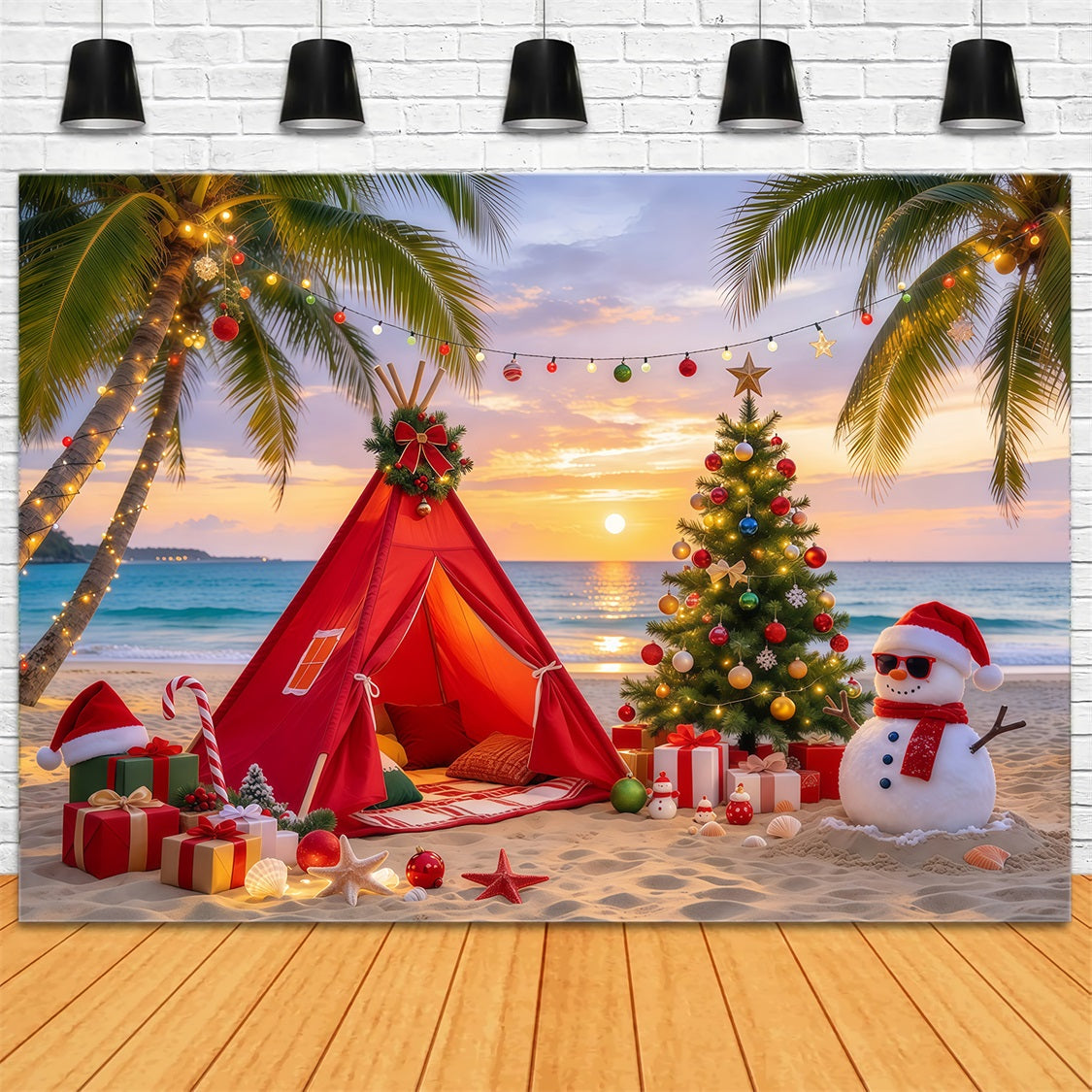 Fond De Noël Traditionnel Plage Tropicale Camp Bonhomme Neige GQ69-81