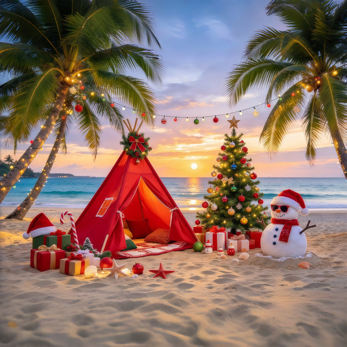Fond De Noël Traditionnel Plage Tropicale Camp Bonhomme Neige GQ69-81