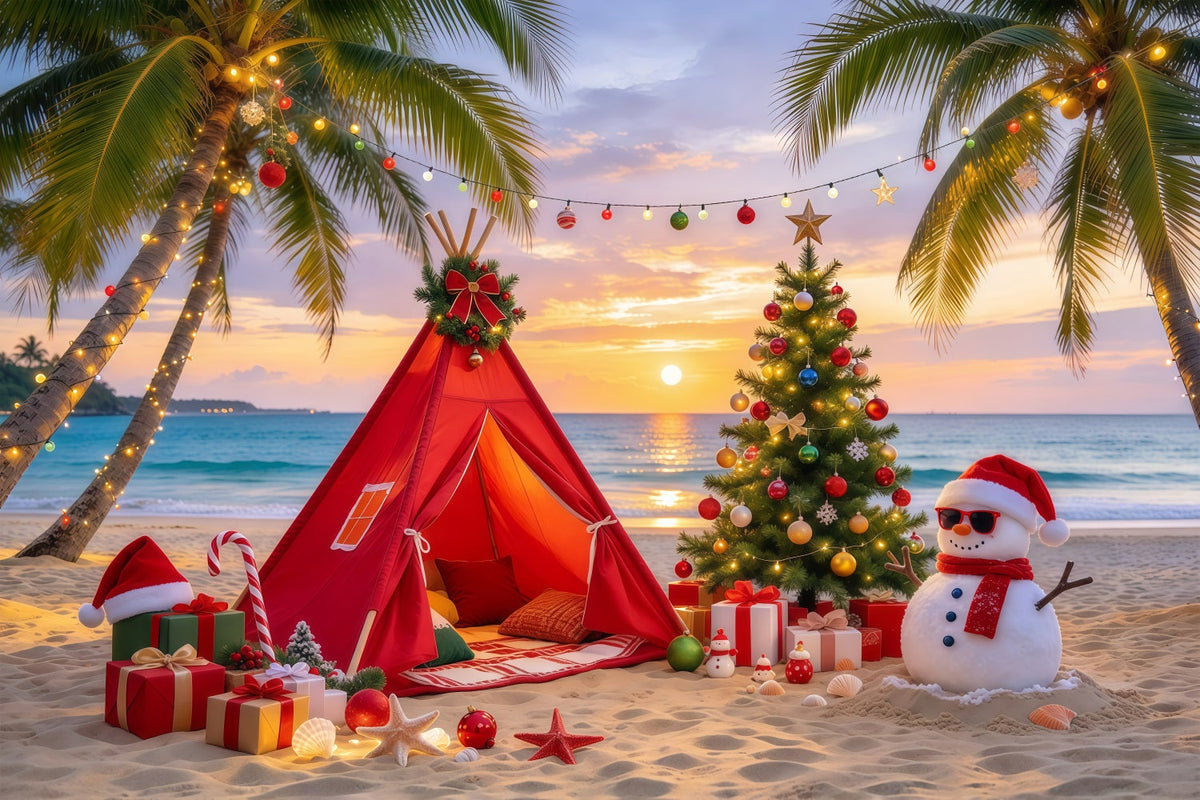 Fond De Noël Traditionnel Plage Tropicale Camp Bonhomme Neige GQ69-81