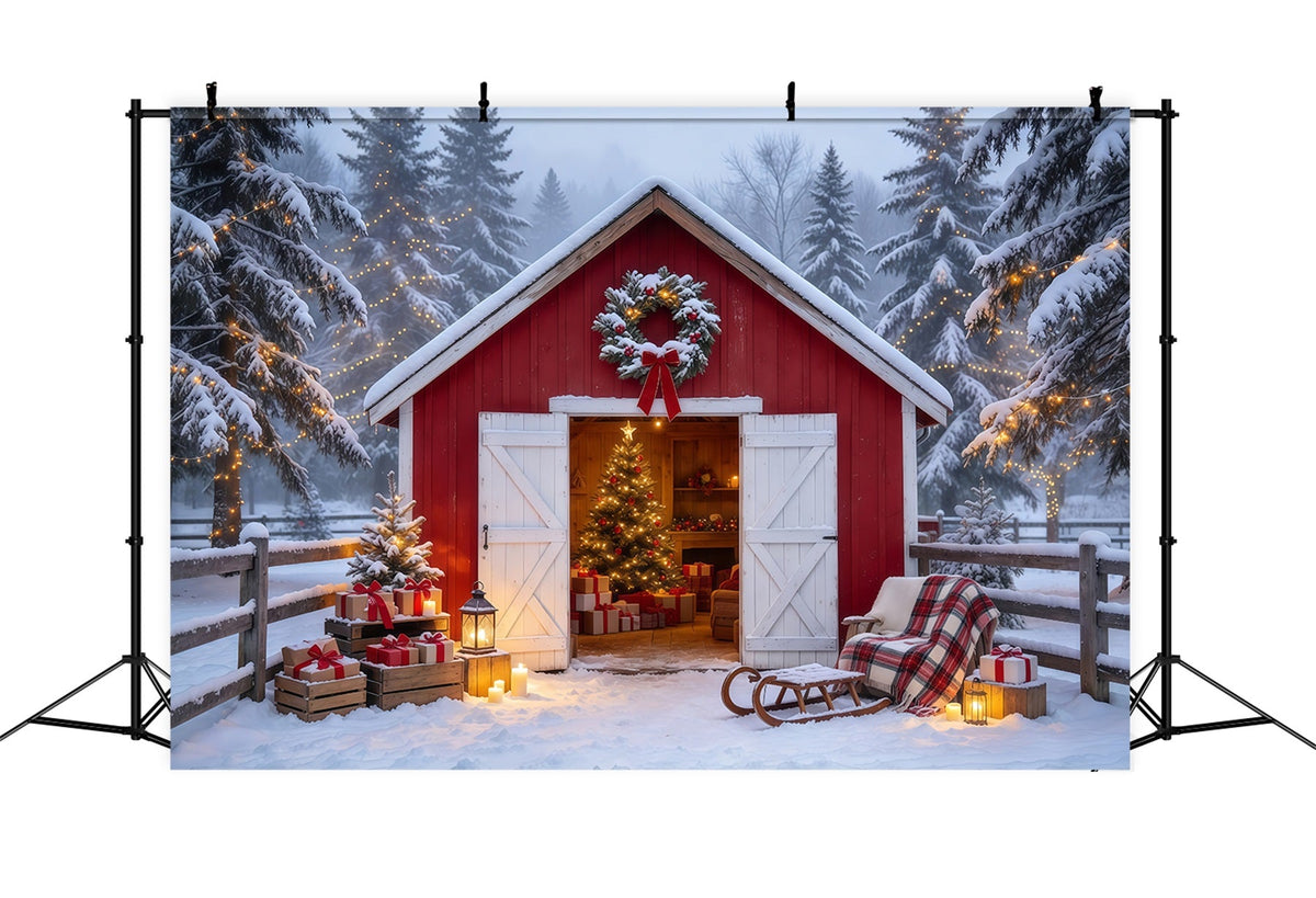 Fond De Noël Campagnard Refuge Grange Rouge Enneigée GQ69-84