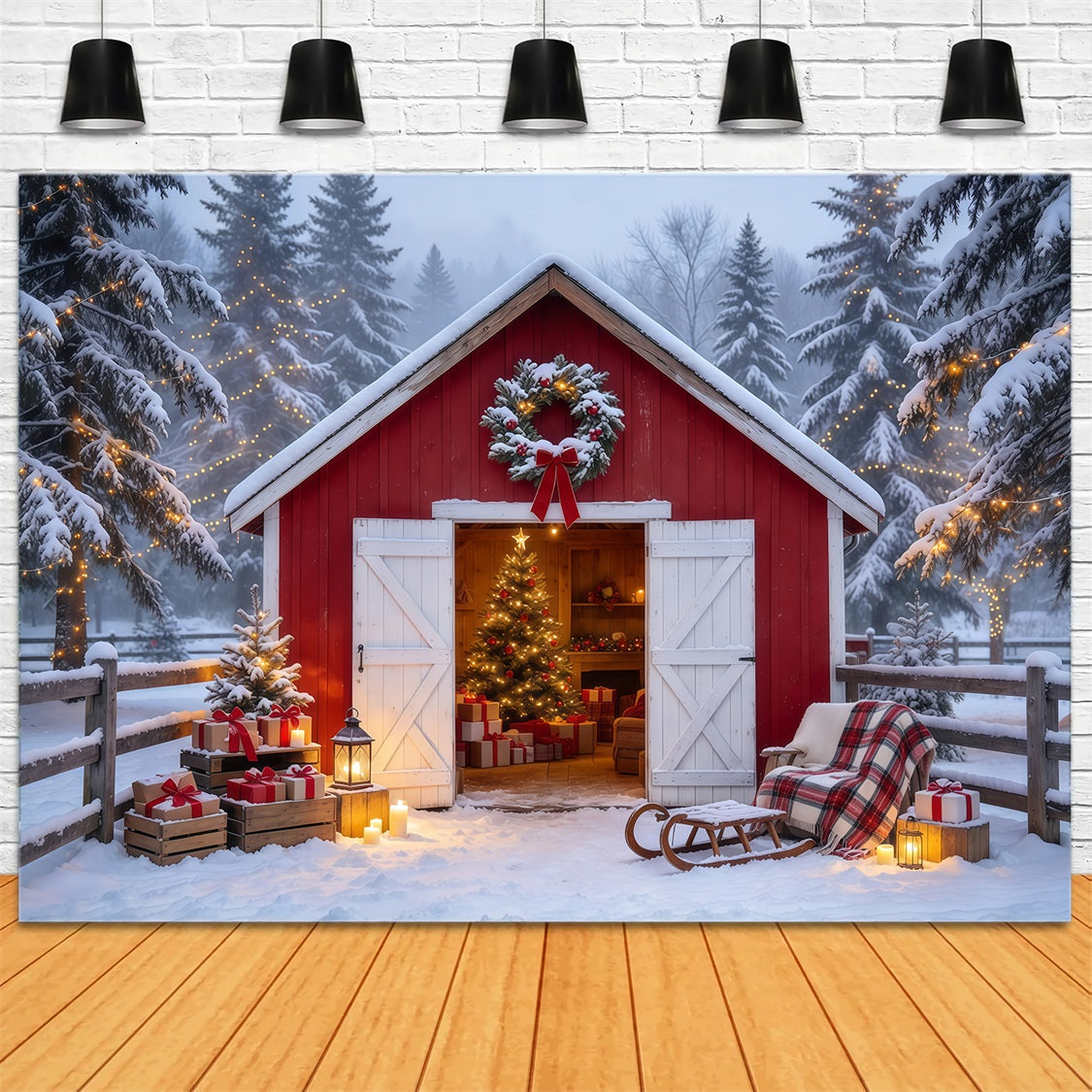 Fond De Noël Campagnard Refuge Grange Rouge Enneigée GQ69-84