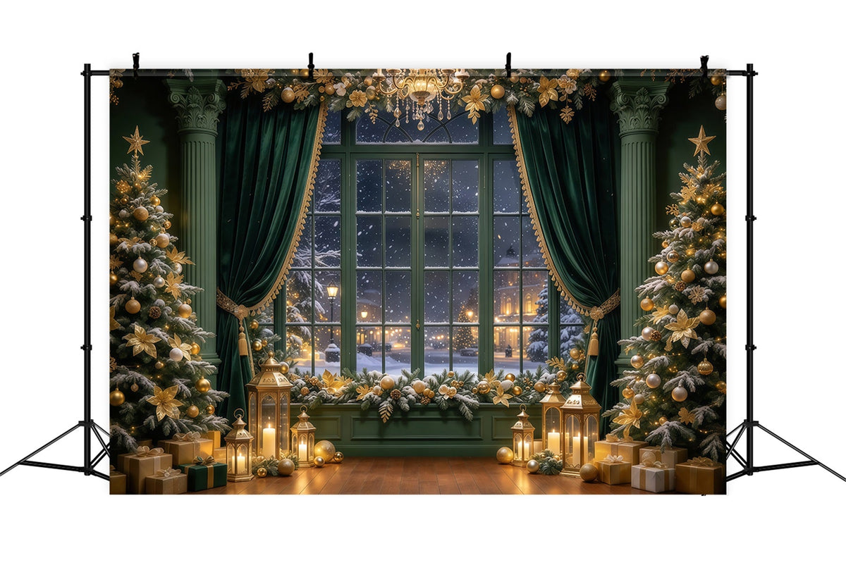 Fond De Noël Rideau Émeraude Fenêtre Dorée GQ69-89